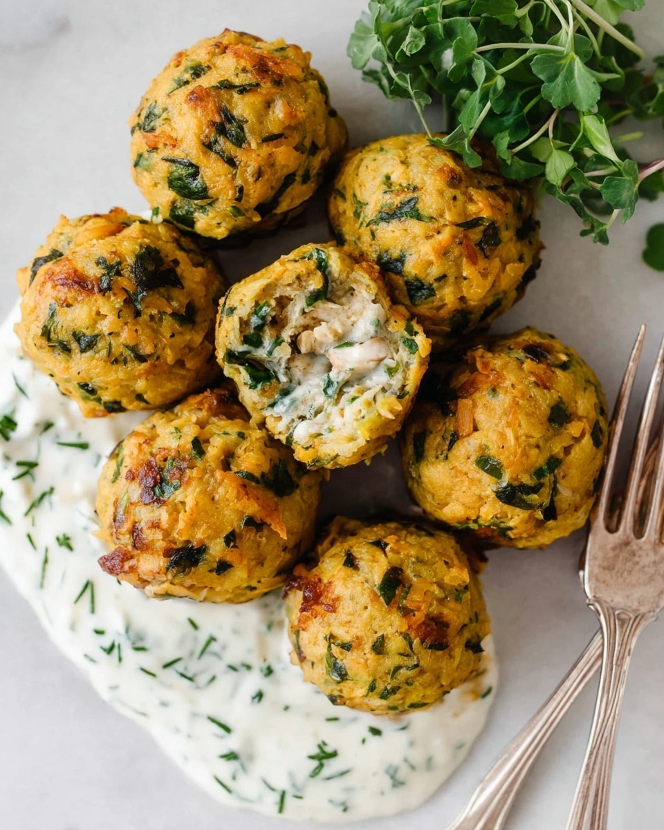 There are seven round balls made of a yellowish mixture with green leafy bits inside, placed on a white marbled surface. Six of the balls are whole, and one is broken in half, showing a white and green chunky inside. The balls sit on top of a creamy white sauce with green herb flecks spread on the surface beneath them. To the right, part of a silver fork is shown and behind the balls on the upper right is a small bunch of green leafy sprouts. The image is bright and clear, close-up view, photo taken with an iphone --ar 4:5 --v 7