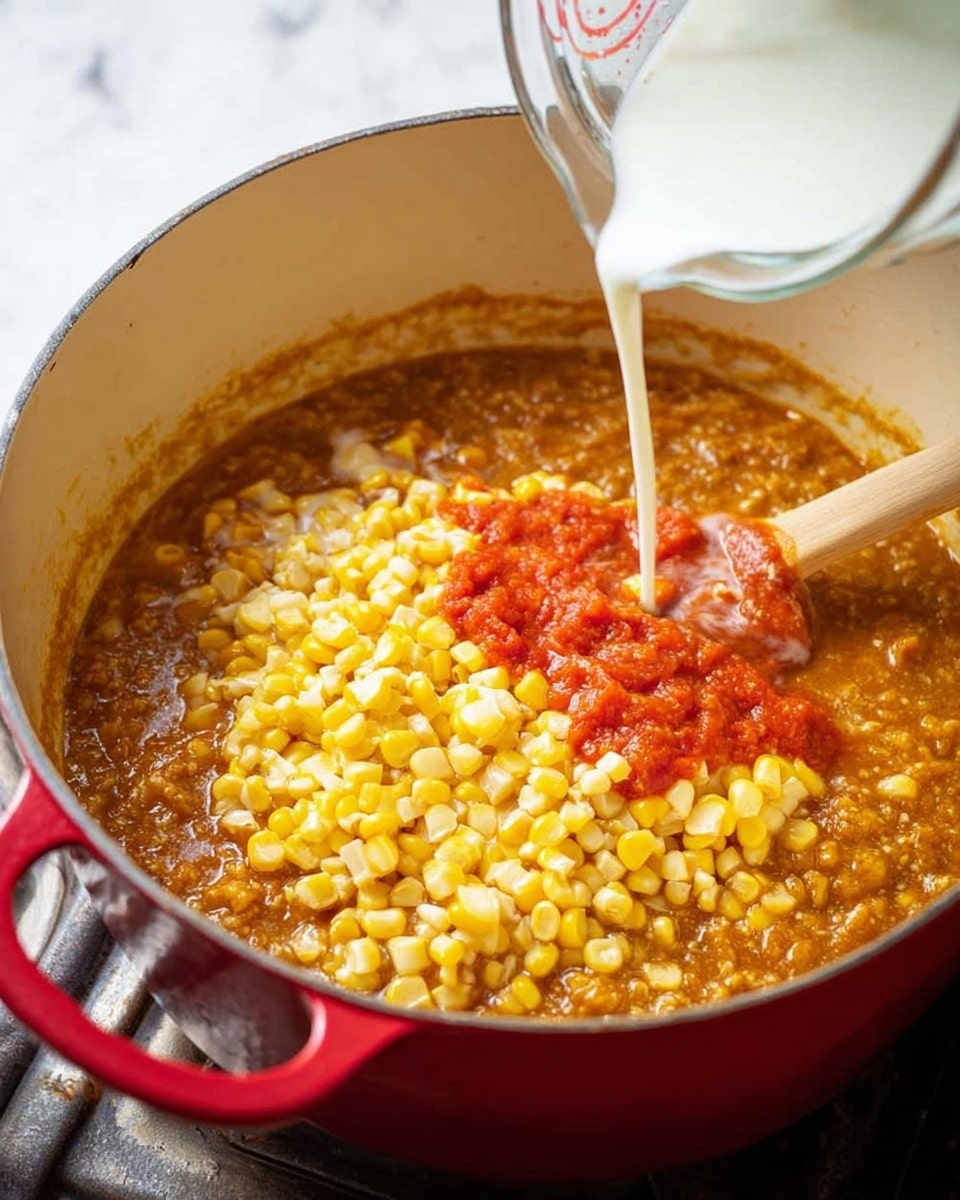 Inside a large white pot with a red outer handle, there is a thick orange-brown mixture with grains and small bits floating, forming the bottom layer. On top of this mixture, bright yellow corn kernels are piled in the center, surrounded by a splash of red tomato sauce. A clear glass measuring cup is pouring a white liquid over the corn from the right side of the frame. A wooden spoon rests on the right side inside the pot, touching the mixture. The pot is placed on a stove against a white marbled surface. photo taken with an iphone --ar 4:5 --v 7