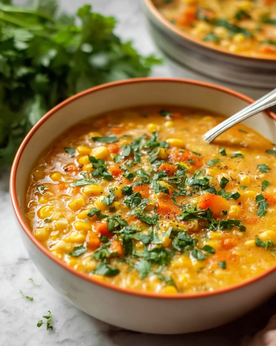 A close-up view of a creamy orange soup served in a white bowl with a thin orange rim, filled with visible yellow corn kernels and small orange carrot pieces mixed in a thick broth. The soup is topped with a sprinkle of chopped green herbs scattered unevenly across the surface. A silver spoon rests on the right side inside the bowl. In the background, a bunch of fresh green leafy herbs is blurry on the left and part of another similar bowl is visible on the right, all placed on a white marbled surface. photo taken with an iphone --ar 4:5 --v 7