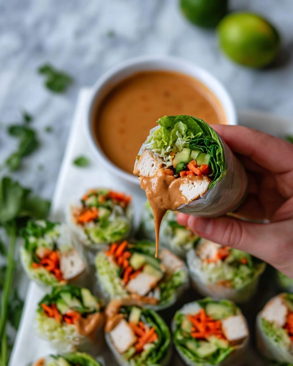 A woman's hand is holding a fresh spring roll that has three visible layers: green leafy lettuce on top, orange carrot sticks and green vegetables in the middle, and a creamy light brown peanut sauce dripping from the bottom, all wrapped in translucent rice paper. Below, many similar spring rolls lie together on a white marbled surface, each cut to show a white tofu layer, green vegetables, orange carrots, and leafy greens. In the background, there is a white bowl filled with thick light brown peanut sauce, slightly out of focus, and a green lime and some green herbs scattered on the white marbled surface. Photo taken with an iphone --ar 4:5 --v 7