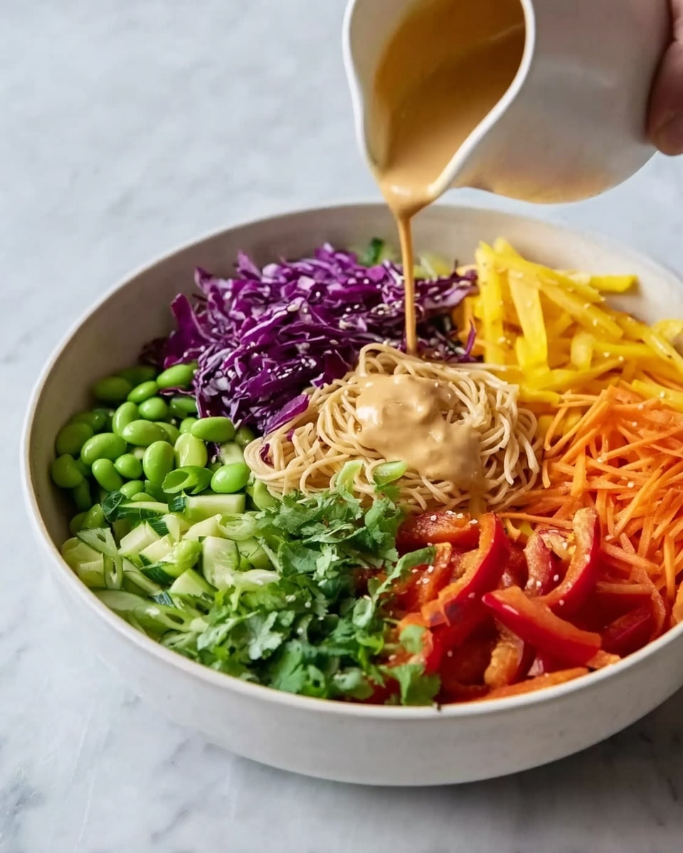A white bowl sits on a white marbled surface, filled with neatly arranged layers of colorful ingredients. Starting from the top, there is shredded purple cabbage, next to bright yellow thin strips of mango or bell pepper. Continuing clockwise, there are bright green edamame beans, a light green mix of thinly sliced green onions and possibly cucumber. The next section features finely grated orange carrots, followed by thin slices of red bell pepper, and fresh green herbs, likely cilantro or parsley. In the middle of the bowl are light tan noodles, and a beige creamy sauce is being poured over the center from a small white pitcher held by a woman's hand. The colors contrast sharply and look fresh and vibrant. Photo taken with an iphone --ar 4:5 --v 7