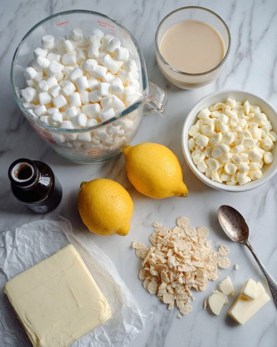 The image shows a group of ingredients placed on a white marbled surface: a large clear glass measuring cup filled with many white mini marshmallows sits at the top left; near it to the right is a white bowl full of white chocolate chips; below them are two yellow lemons placed side by side; a small white stick of butter and some scattered cereal pieces lying beside an open white package of cream cheese are arranged nearby; a black bottle, likely vanilla extract, stands to the left; a glass filled with light beige creamy liquid is seen at the top right, and a silver spoon rests near it. photo taken with an iphone --ar 4:5 --v 7
