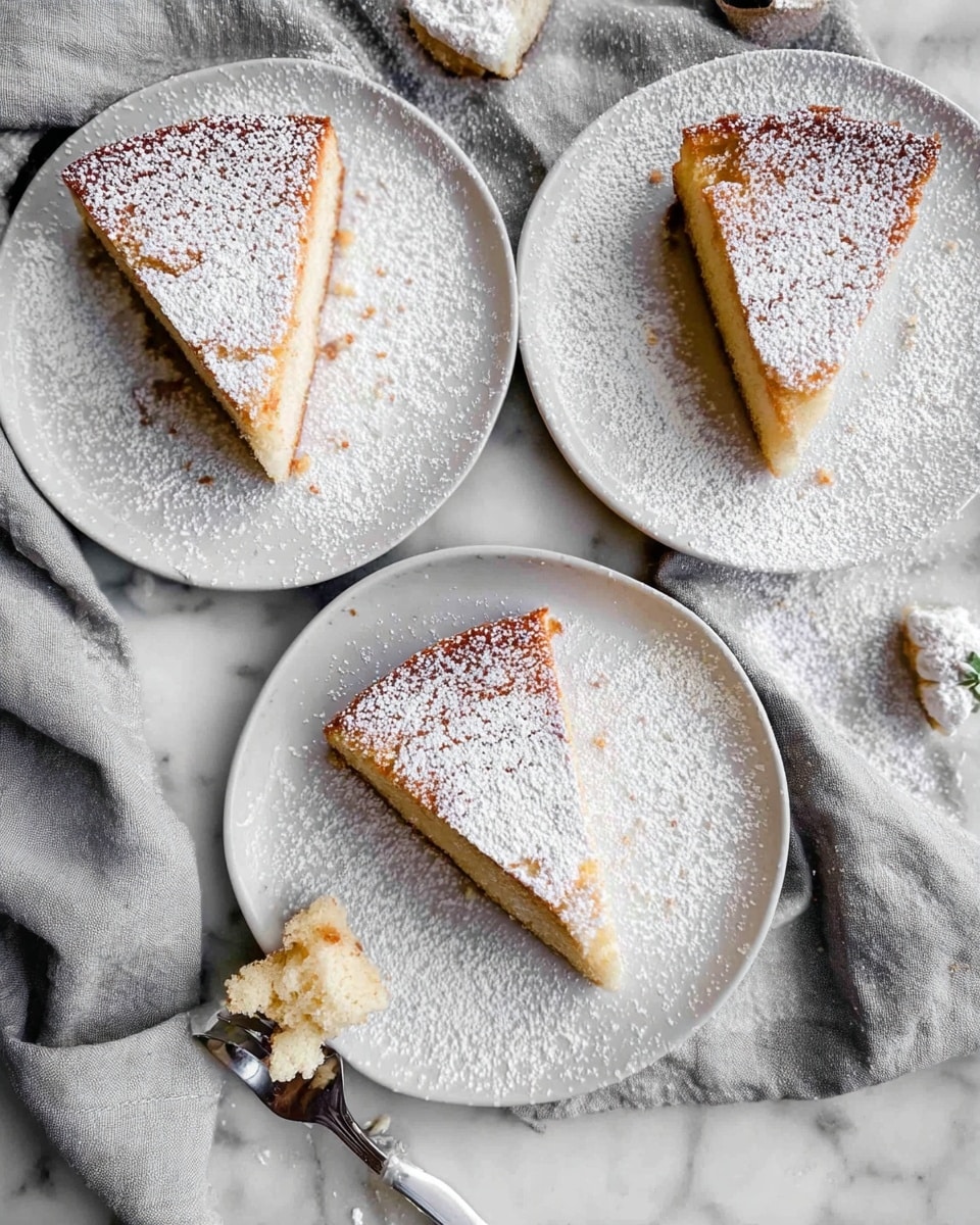 Three slices of light golden cake each on white plates, arranged on a white marbled surface with a gray cloth draped beneath. Each cake slice has a soft, pale inside layer and a slightly darker outer crust, all dusted generously with white powdered sugar. One plate at the bottom center has a small silver fork with a white handle resting on it, holding a small bite of cake. The scene looks soft and clean with scattered powdered sugar and small cake crumbs around the plates. Photo taken with an iphone --ar 4:5 --v 7