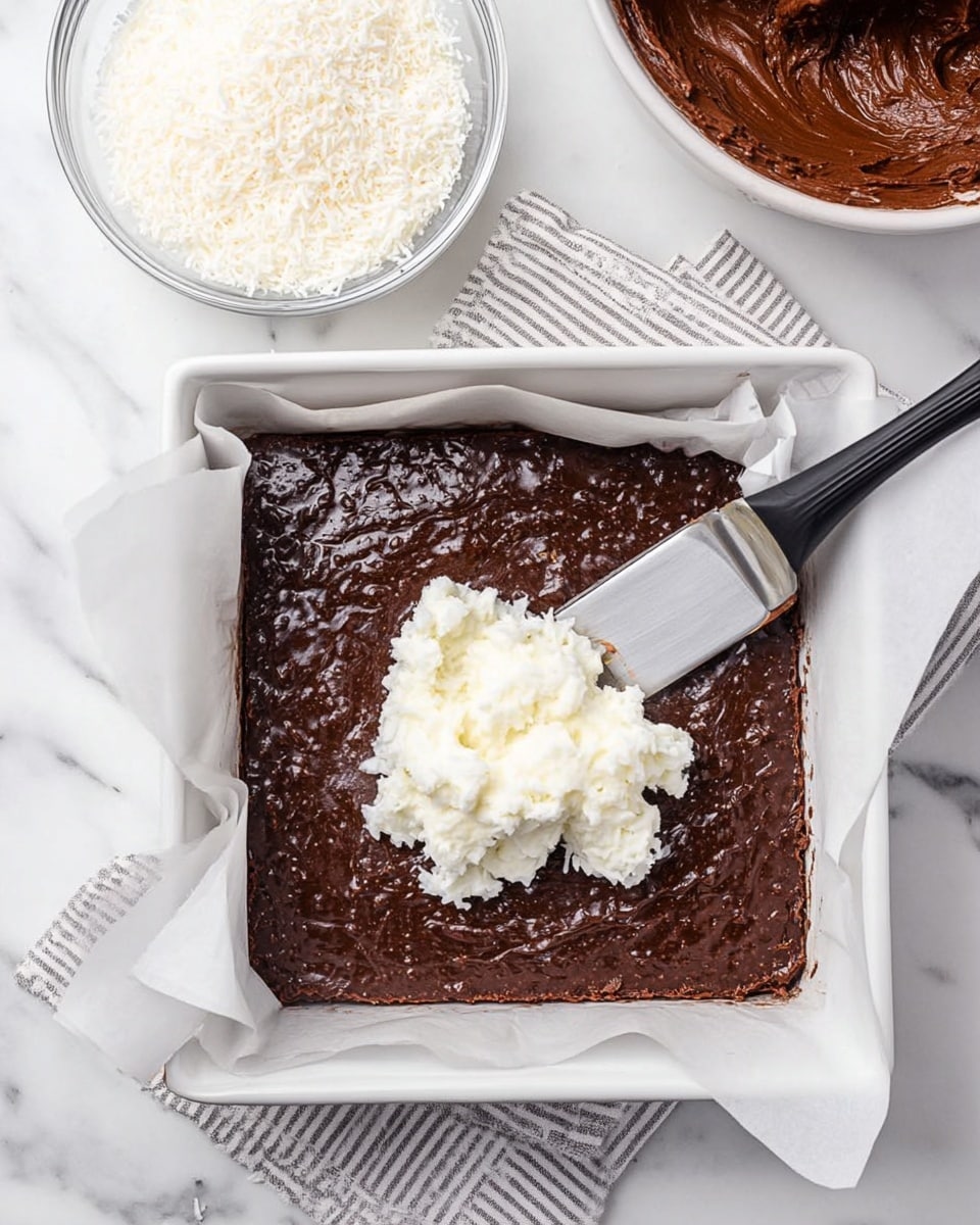 A square white baking dish lined with parchment paper contains a thick, dark brown chocolate layer as the bottom layer. On top of this chocolate layer, there is a dollop of white coconut filling, which appears fluffy and slightly textured. A metal spatula with a black handle is spreading the coconut filling in the center of the chocolate layer. Above and to the side of the dish, there is a clear glass bowl filled with more white shredded coconut, and a partial view of a bowl with more chocolate batter can be seen. All items rest on a white marbled surface with a striped cloth partially visible under the baking dish. photo taken with an iphone --ar 4:5 --v 7
