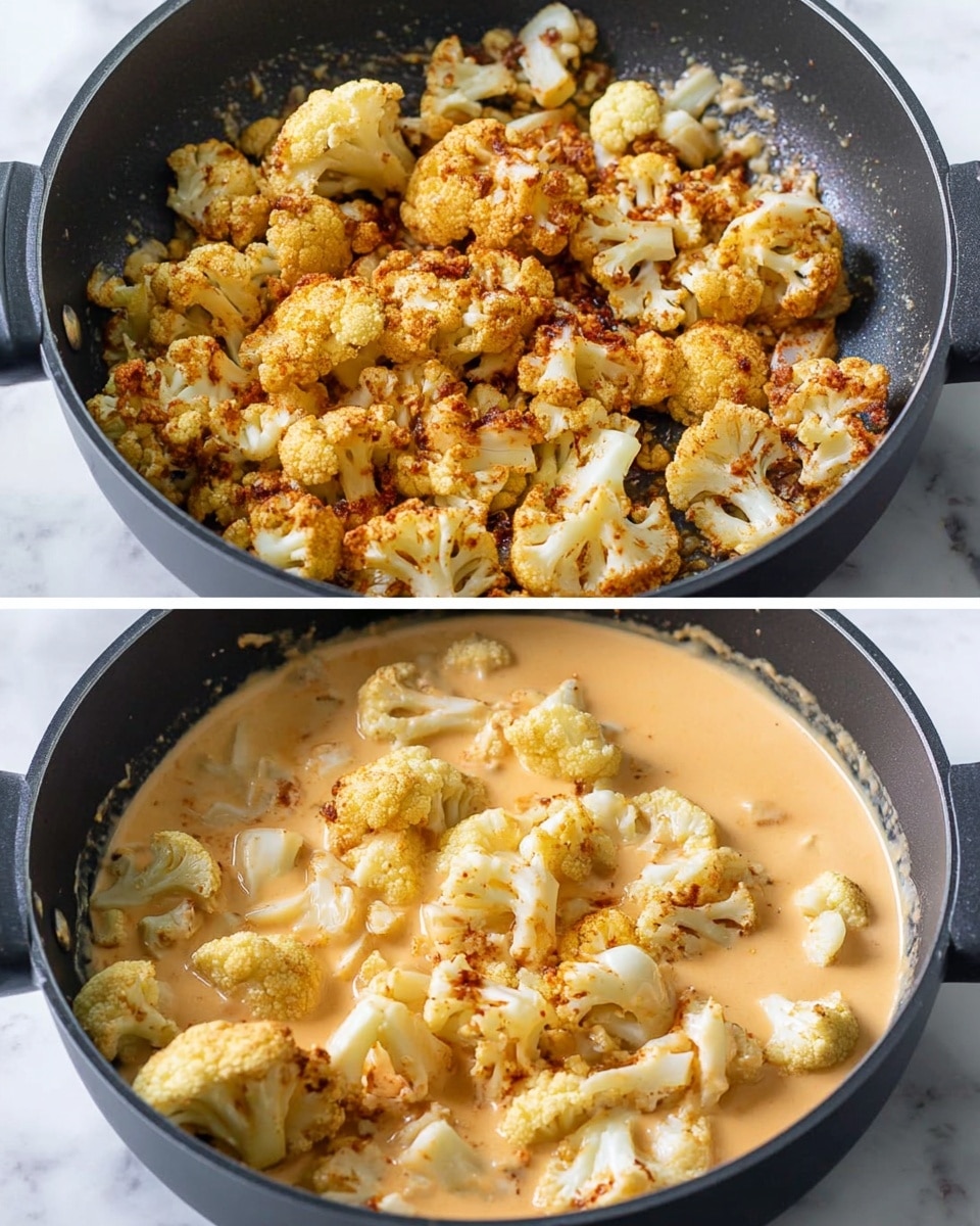 The image shows two close-up views of a black pan on a white marbled surface, filled with cooked cauliflower pieces. In the first view, the cauliflower pieces are lightly browned and sitting on top of a pale orange creamy sauce that partially covers the bottom of the pan. In the second view, the cauliflower pieces are fully mixed and coated with the creamy sauce, giving the dish a smooth, rich texture with hints of golden browning on the florets. The sauce is evenly spread and thick, enveloping each cauliflower piece. Photo taken with an iphone --ar 4:5 --v 7