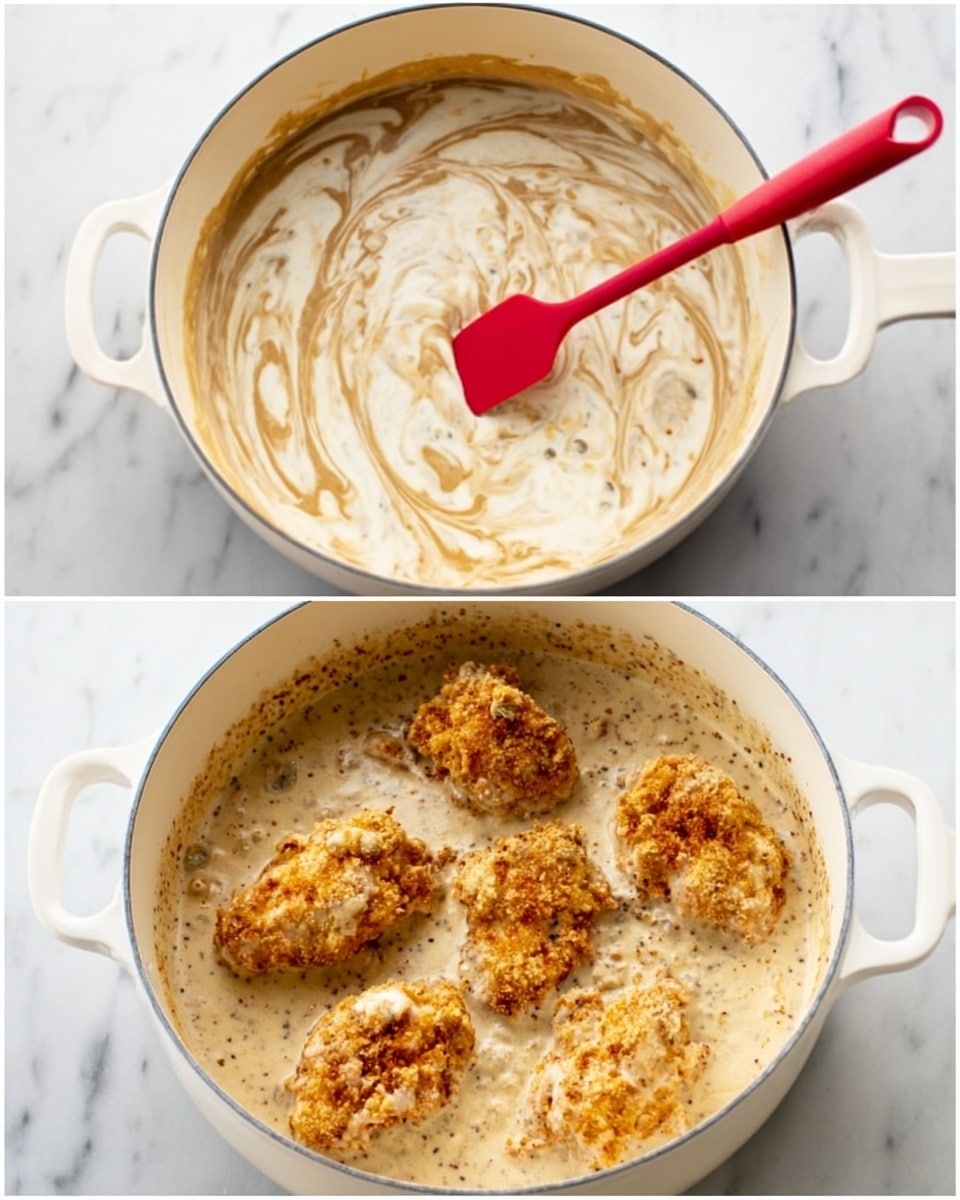 The first image shows a white pot filled with a thick cream sauce that has light brown swirls and specks, with a red spatula standing upright in the center. The second image shows the same white pot with six golden brown, crispy fried chicken pieces partially covered and surrounded by the creamy sauce. Both images are set on a white marbled surface. photo taken with an iphone --ar 4:5 --v 7