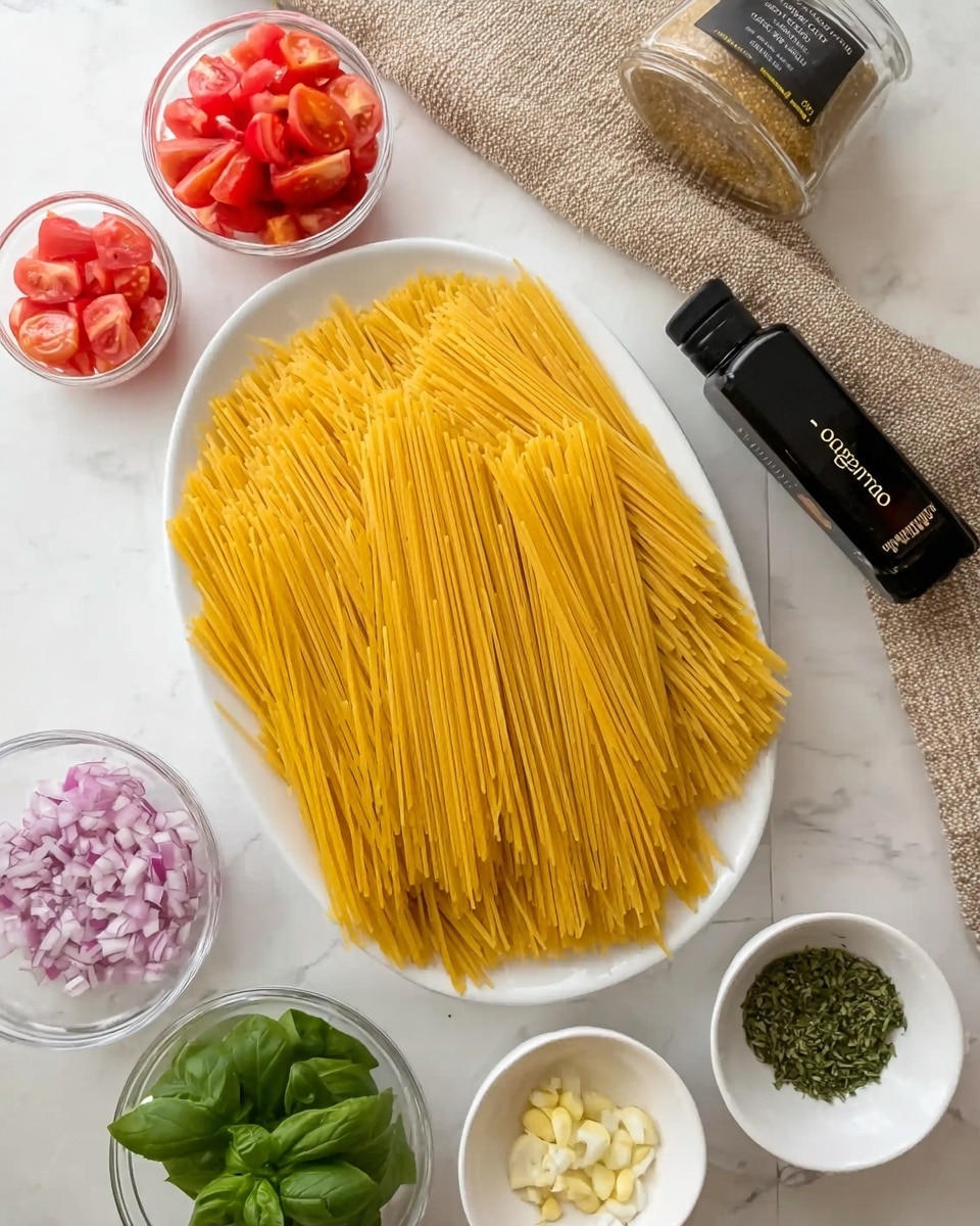The image shows a large white oval plate filled with a single layer of uncooked yellow spaghetti pasta, fanned out evenly. Around the plate, there are several small clear bowls with finely chopped ingredients: red tomatoes on the top left, red onions on the middle left, and fresh green basil leaves below them. There are two very small white bowls in the bottom right corner, one filled with minced garlic and the other with small chopped green herbs. Above the plate, there is a clear jar labeled