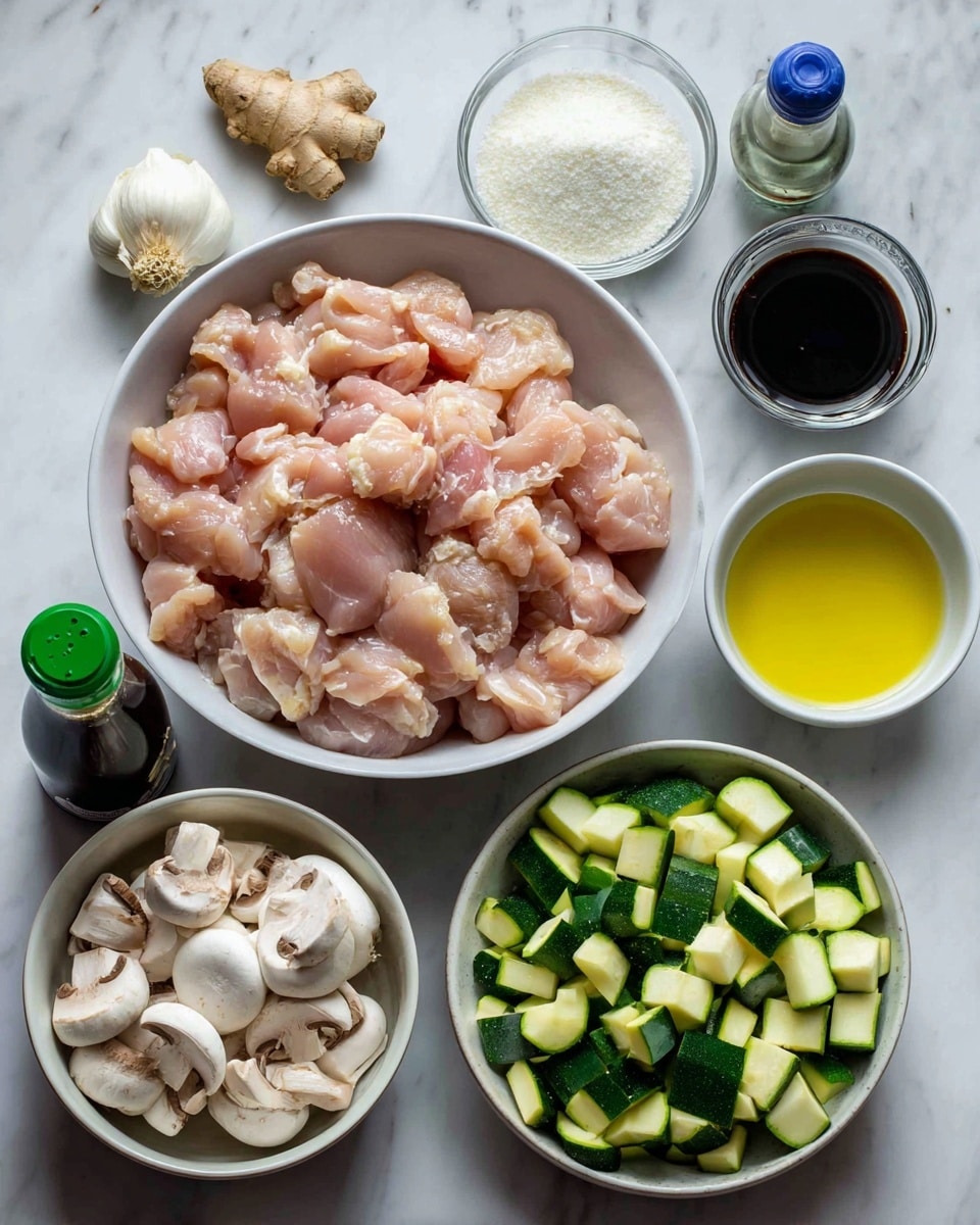 A white bowl with many pieces of light pink raw chicken sits in the center. To the lower right, a dark green bottle of soy sauce with a green cap and to its left, a tall dark bottle of sesame oil. Below the chicken bowl, there is a white bowl filled with chopped green and white zucchini. To the left of the chicken bowl, there is another white bowl with cut white mushrooms with a few loose white garlic cloves nearby and a small piece of light brown ginger root below that. Above the chicken bowl, there is a small white bowl filled with light yellow oil, and next to it a small white bowl of white corn starch. To the right of the corn starch is a clear bottle with a blue cap of rice vinegar. All items are arranged on a white marbled surface. photo taken with an iphone --ar 4:5 --v 7