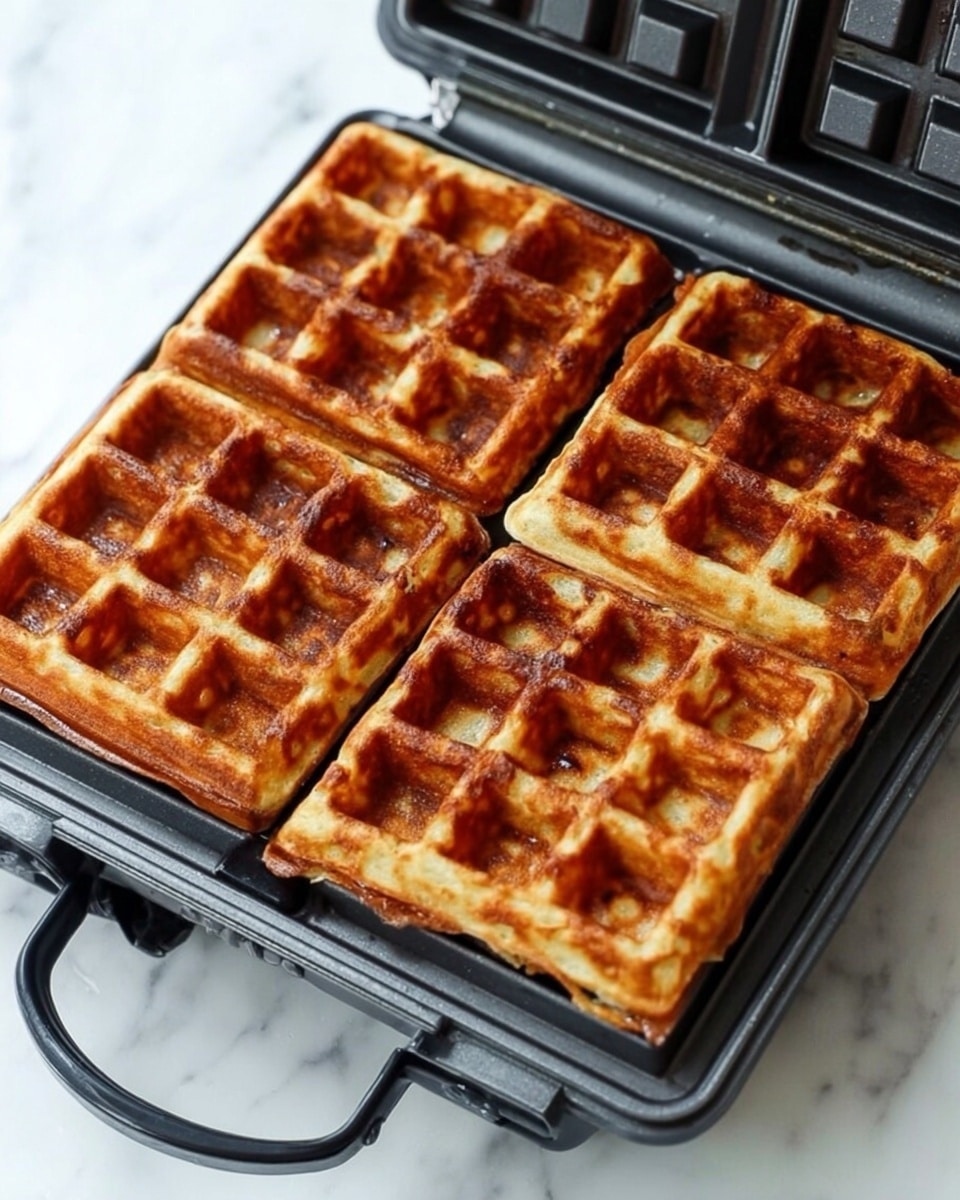 The image shows a waffle iron with six golden brown waffles inside. Each waffle has a square grid pattern with raised edges, giving them a crisp look. The waffles are evenly cooked with a light brown color on top. The waffle iron is open, revealing the warm waffles ready to be taken out. The background is a white marbled surface. Photo taken with an iphone --ar 4:5 --v 7