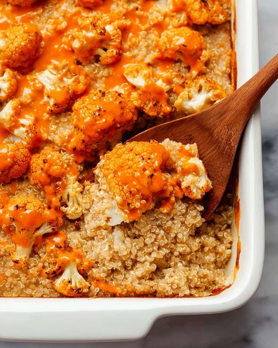 A white rectangular baking dish holds a layered quinoa and cauliflower bake. The bottom layer is light beige cooked quinoa with a soft and grainy texture. On top, scattered pieces of cauliflower florets are coated in a thick vibrant orange sauce, evenly spread across the surface. The orange sauce has a slightly shiny and creamy look, adding contrast to the pale quinoa beneath. A wooden spoon is scooping out a portion from one corner, lifting a mix of quinoa and sauced cauliflower, showing the two main layers clearly. The dish sits on a white marbled surface. Photo taken with an iphone --ar 4:5 --v 7