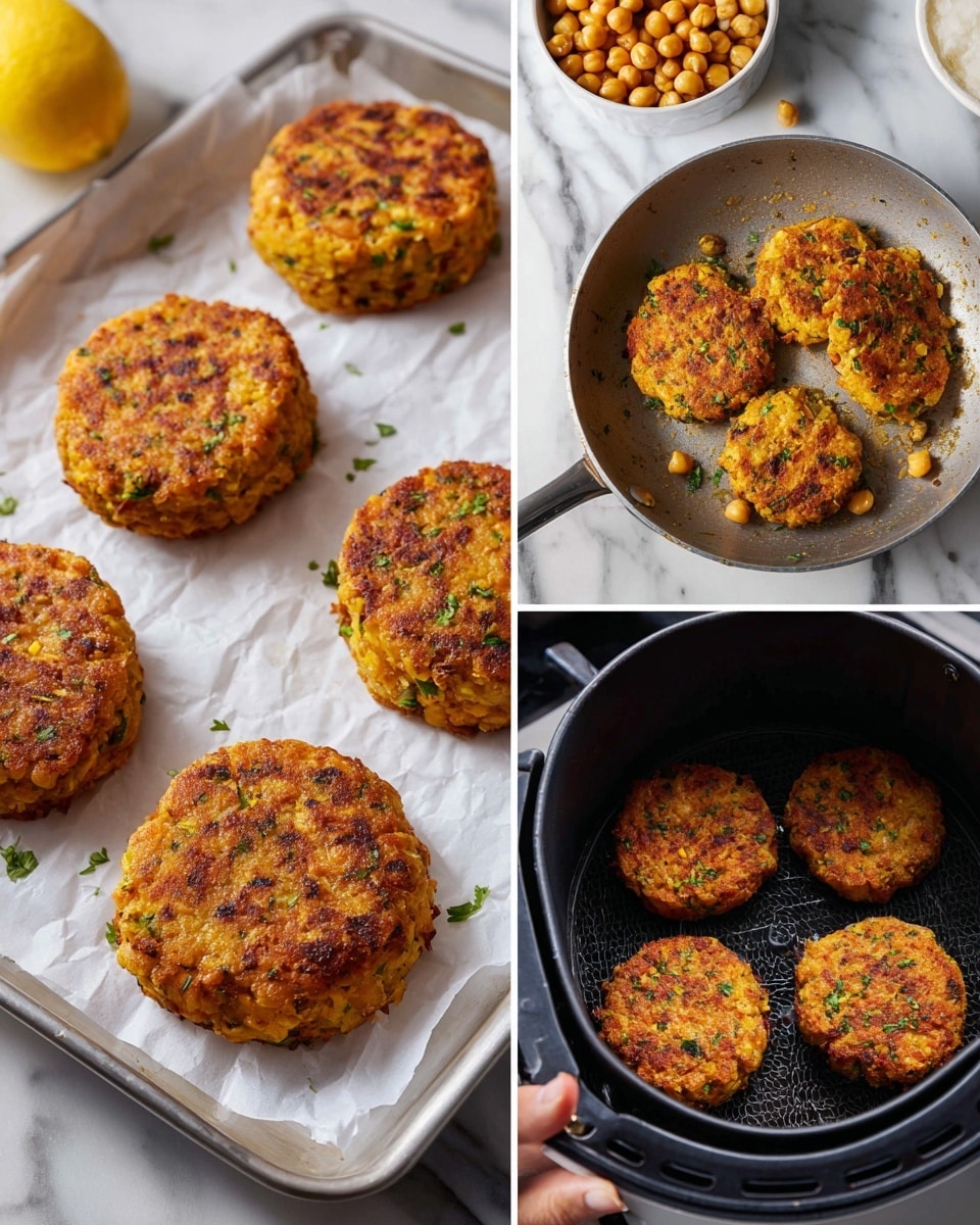 The image is divided into three parts showing different cooking methods of round patties. The left shows six golden brown patties with a textured surface full of small bits, arranged in two rows on white parchment paper over a metal baking sheet, placed on a white marbled surface with a lemon and some chickpeas nearby. The top right shows three patties cooking in a black frying pan on a stove, with a woman's hand holding the pan handle; the patties appear slightly crispy with a warm yellow and brown color and small green herb bits. The bottom right shows three patties inside a black air fryer basket with a woman's hand holding the basket's edge; the patties have a similar look as the others, with a textured, warm golden color. Photo taken with an iphone --ar 4:5 --v 7