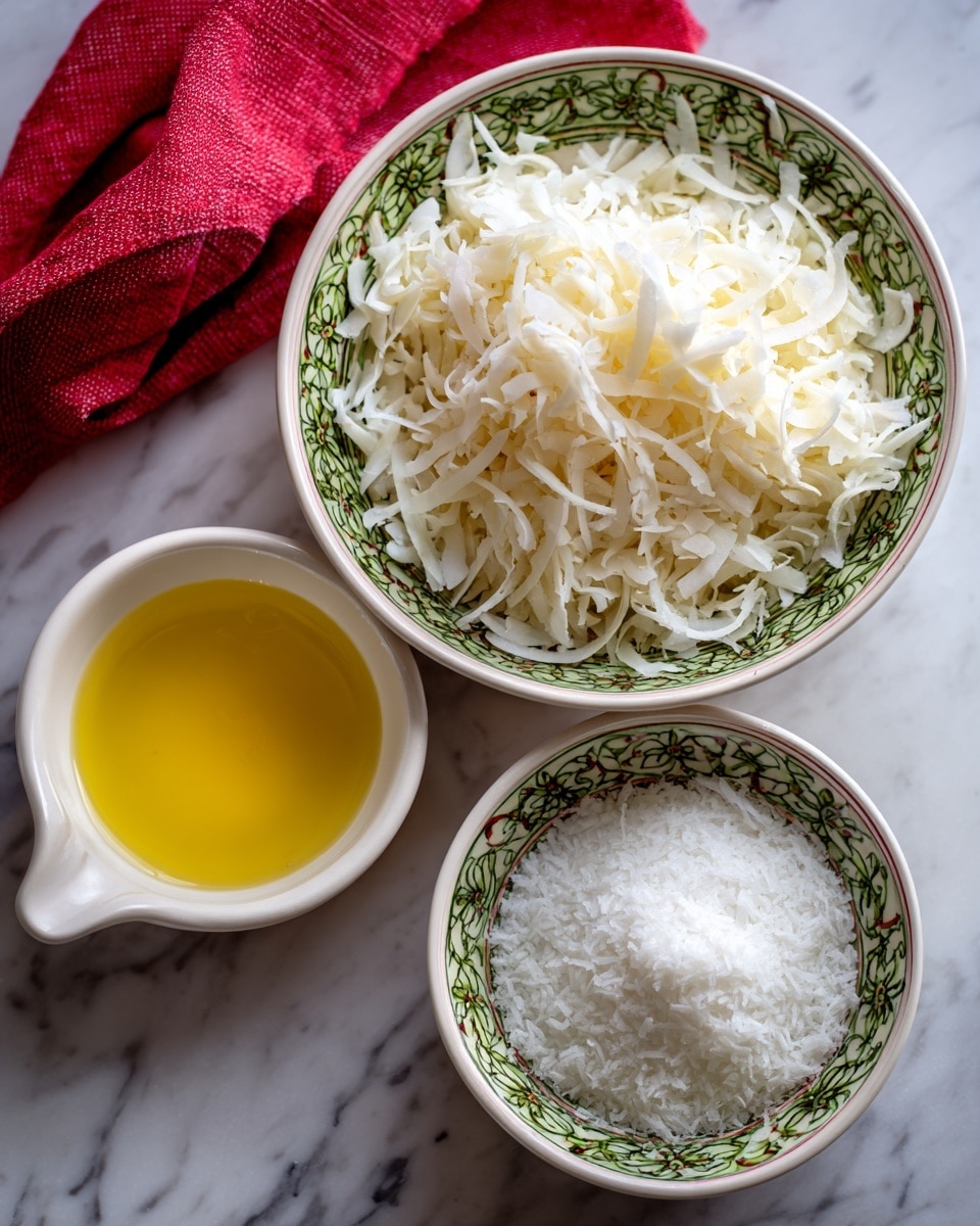 The image shows three small white bowls on a white marbled surface. The top bowl has a green pattern on the rim and is filled with fine shredded white coconut. The bottom right bowl, also with a green patterned rim, contains white sugar. To the left of these bowls is a smaller plain white bowl filled with yellow egg white. A red cloth is partially visible in the upper left corner. Photo taken with an iphone --ar 4:5 --v 7