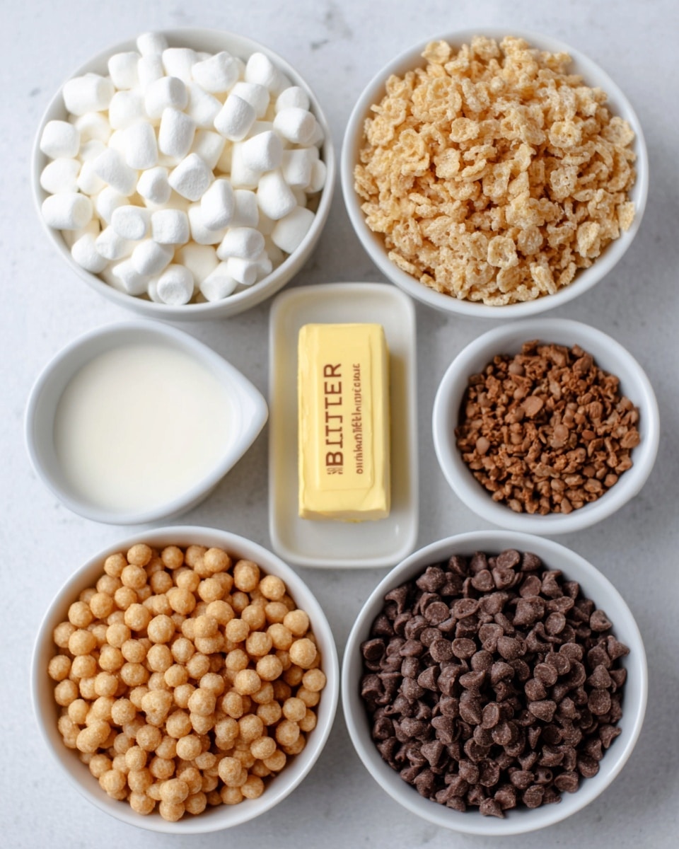 The image shows six white bowls arranged on a white marbled surface, each containing different ingredients. Starting from the top left, one bowl is filled with small white mini marshmallows, next to it on the right is a bowl with light brown crispy rice cereal. Below the marshmallows is a bowl of tan-colored round cereal balls, and to the right of this is a bowl filled with small dark brown chocolate chips. In the center between the bottom two bowls is a small white cup with milk, and below this cup lies a rectangular stick of yellow butter with the word
