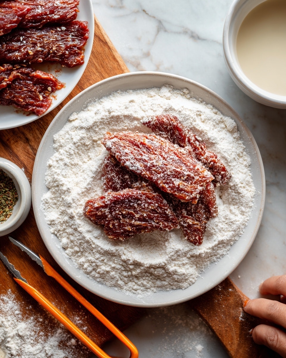 The image shows a white plate filled mostly with white flour, on top of which lie two pieces of raw meat with a rough texture and brownish-red color, partially covered in flour. Next to the plate, orange-tipped tongs are placed on a wooden table. Surrounding the plate are some flour dusts scattered on the table, and a woman's hand is visible holding a piece of meat on another white plate in the top part of the image. To the right side, part of another white bowl filled with a light beige liquid batter can be seen. The background surface is a white marbled texture. photo taken with an iphone --ar 4:5 --v 7