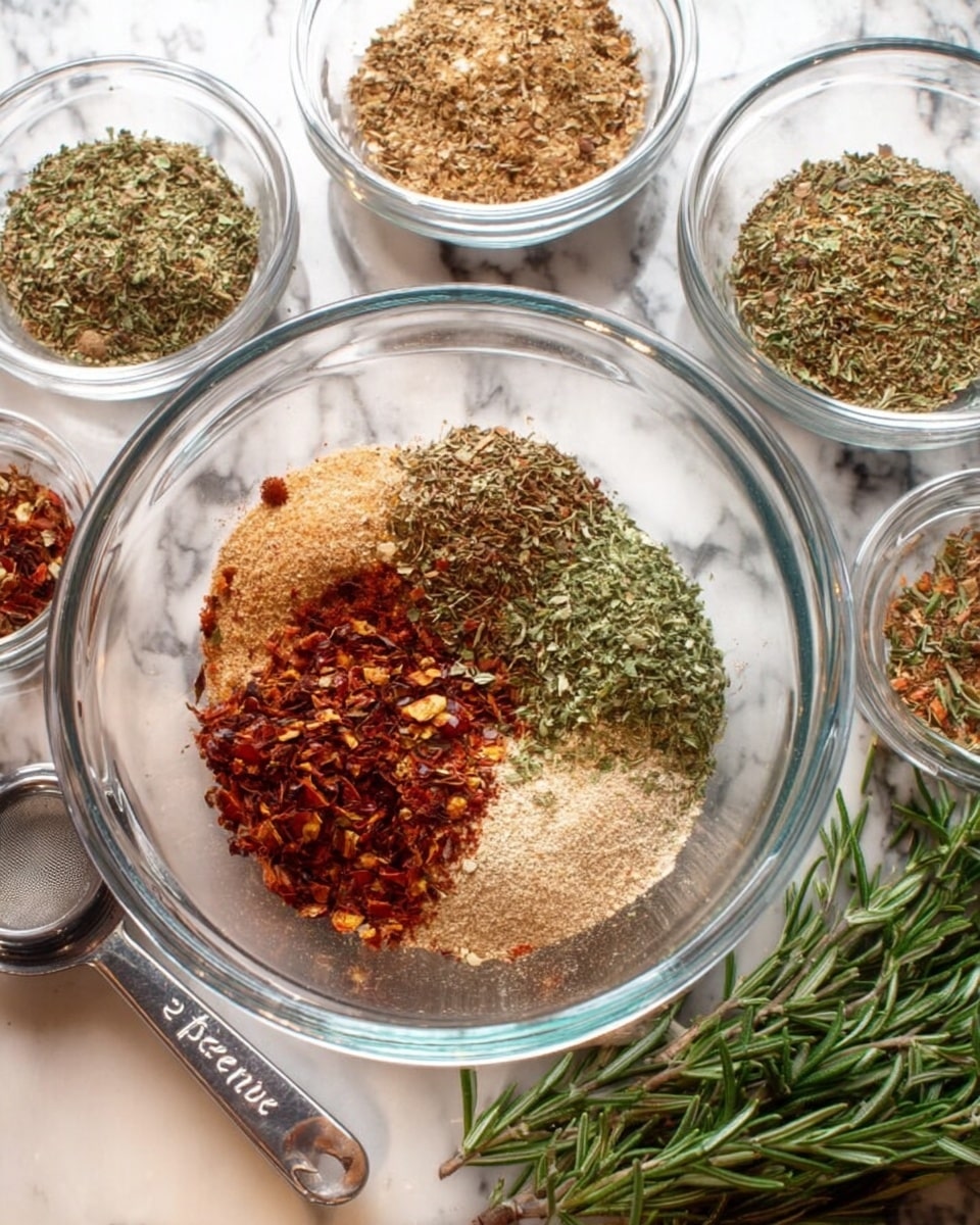 A clear glass bowl is placed on a white marbled surface, filled with several layers of dried spices arranged in small piles: brownish thyme, light beige garlic powder, green parsley flakes, dark brown basil, and red chili flakes, with a small bunch of fresh green rosemary sprigs lying next to the bowl on the right. Surrounding the main bowl are five smaller clear glass bowls, each holding different dried spices in shades of beige, green, brown, and red. A silver measuring spoon labeled
