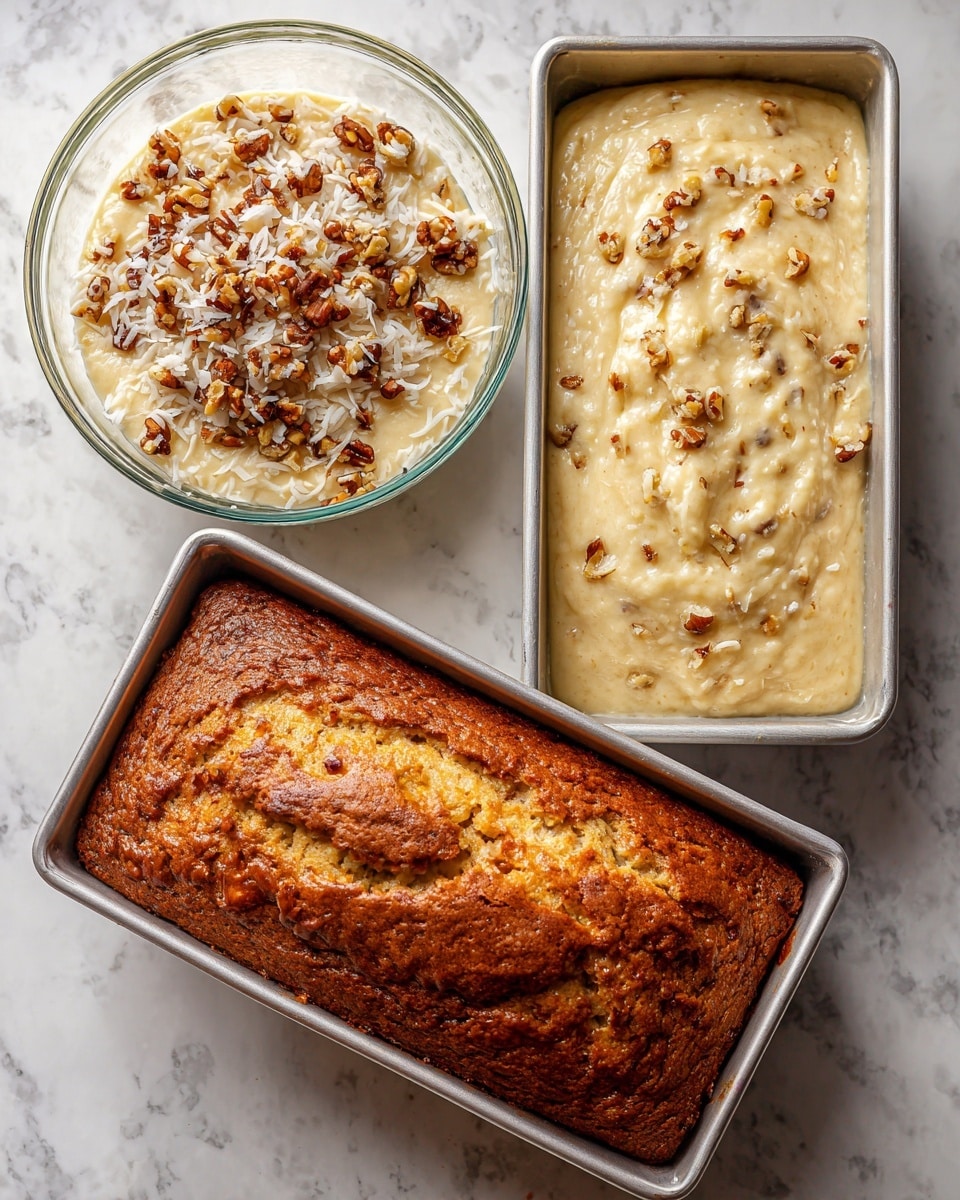 A clear glass bowl filled with a thick, pale yellow batter topped with rough chopped white coconut flakes and brown crushed nuts on a white marbled surface, next to the same glass bowl showing the batter mixed smooth with white coconut flakes and brown nut bits evenly spread inside. Below, a shiny silver loaf pan neatly filled with the pale yellow batter resting on the white marbled surface, and lastly the same loaf pan displaying a golden brown baked bread with a cracked top showing a soft inside texture. photo taken with an iphone --ar 4:5 --v 7