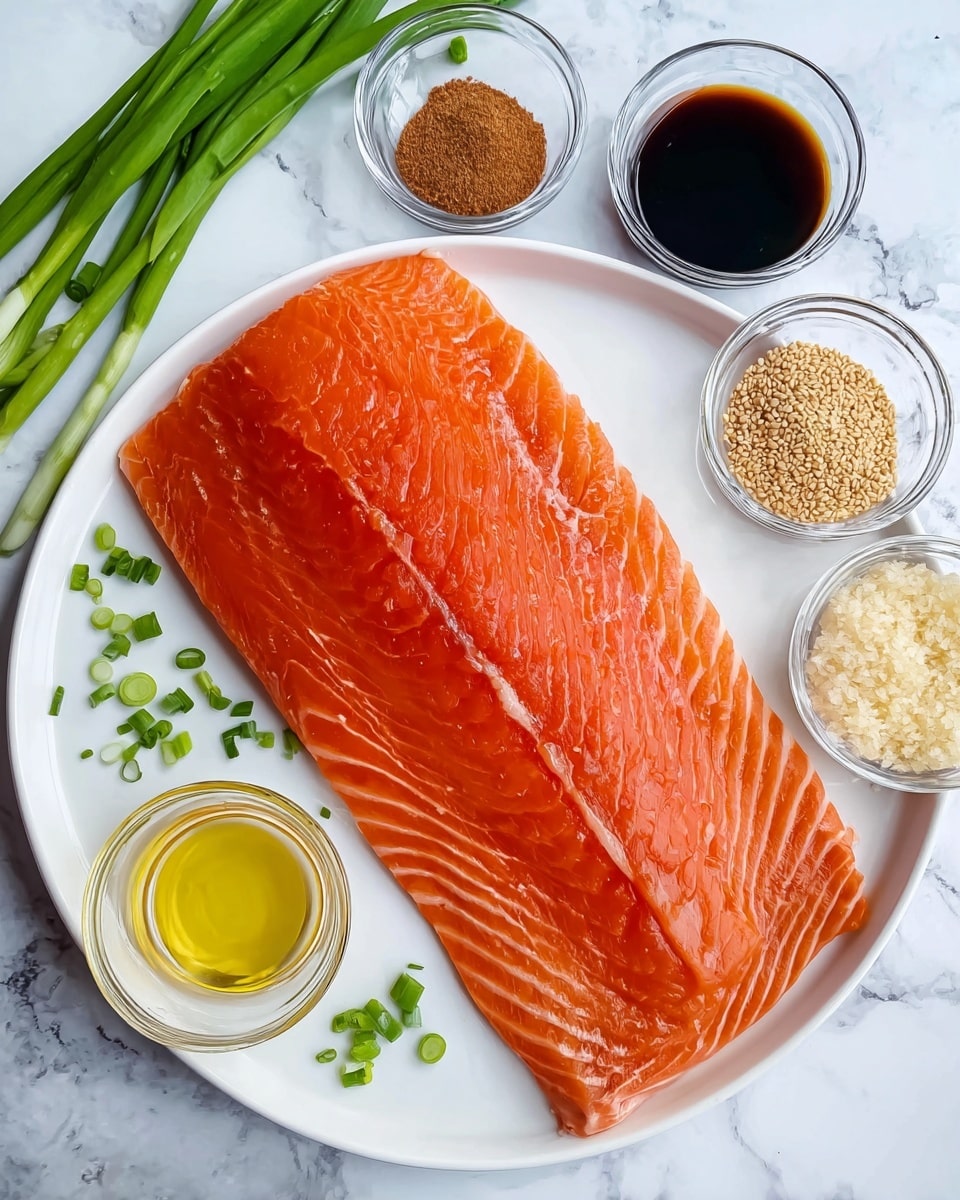 A large piece of fresh raw salmon with bright orange and light pink stripes covers most of a white plate in the center. Around the plate, there are several small clear glass bowls containing different ingredients: brown sugar, dark soy sauce, light yellow liquid, minced garlic, sesame seeds, and a light brown powder. Some green onion pieces are scattered on a white marbled surface underneath and around the plate. The photo taken with an iphone --ar 4:5 --v 7