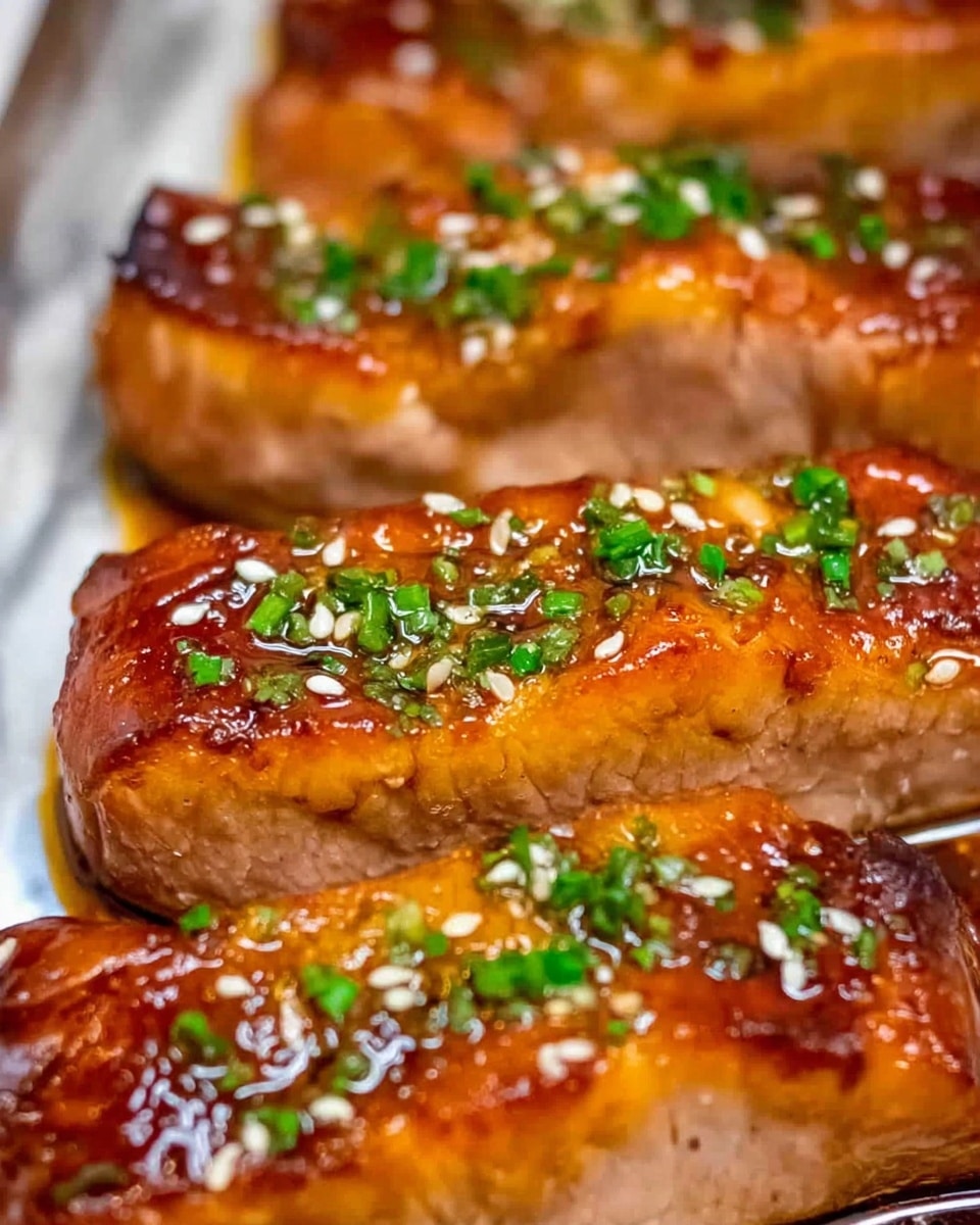 Two rectangular salmon fillets lie side by side on a white plate with white marbled texture beneath. Each fillet has a thick, shiny dark brown glaze covering the top, with small white sesame seeds and bright green chopped chives sprinkled evenly over the glaze. The salmon flesh is soft pink with visible layers and flakes, especially on the piece at the front where a woman’s hand holding a fork is lifting a small piece. Some sauce has dripped onto the plate around the fillets, adding a glossy contrast. Photo taken with an iphone --ar 4:5 --v 7