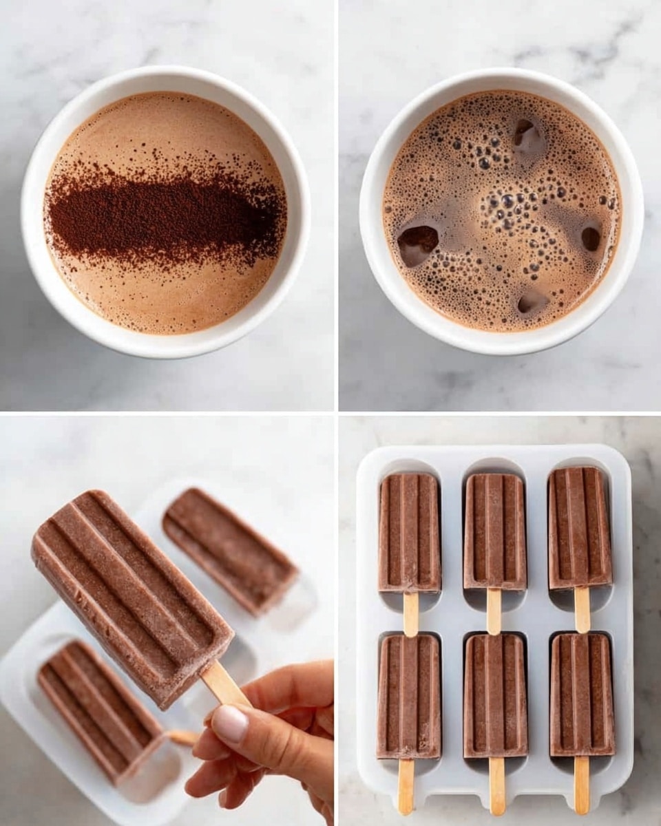 The image shows four steps of making chocolate popsicles on a white marbled background. The first part has a white bowl with a light brown liquid and a layer of dark cocoa powder on top. The second part is a close-up view of the chocolate mix inside a round white container, showing bubbles on the surface. The third part shows many popsicle molds filled with the chocolate mix, arranged in rows inside a white frame. The fourth part shows a woman's hand holding a wooden stick inserted into one of the molds, with the chocolate mixture solidifying inside the molds. photo taken with an iphone --ar 4:5 --v 7