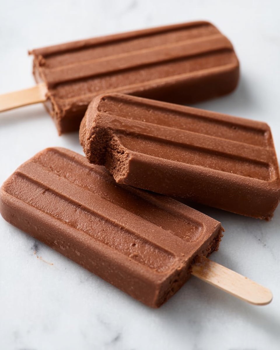Three chocolate popsicles lie on a white marbled surface. Each popsicle is rectangular with smooth edges and has four long vertical grooves running along the length, giving texture to the rich brown chocolate color. One popsicle is positioned fully flat, another slightly tilted with the wooden stick partly visible at the top right, and the third angled with a small bite revealing a dense chocolate interior. The lighting softly highlights the smooth texture of the popsicles. Photo taken with an iphone --ar 4:5 --v 7