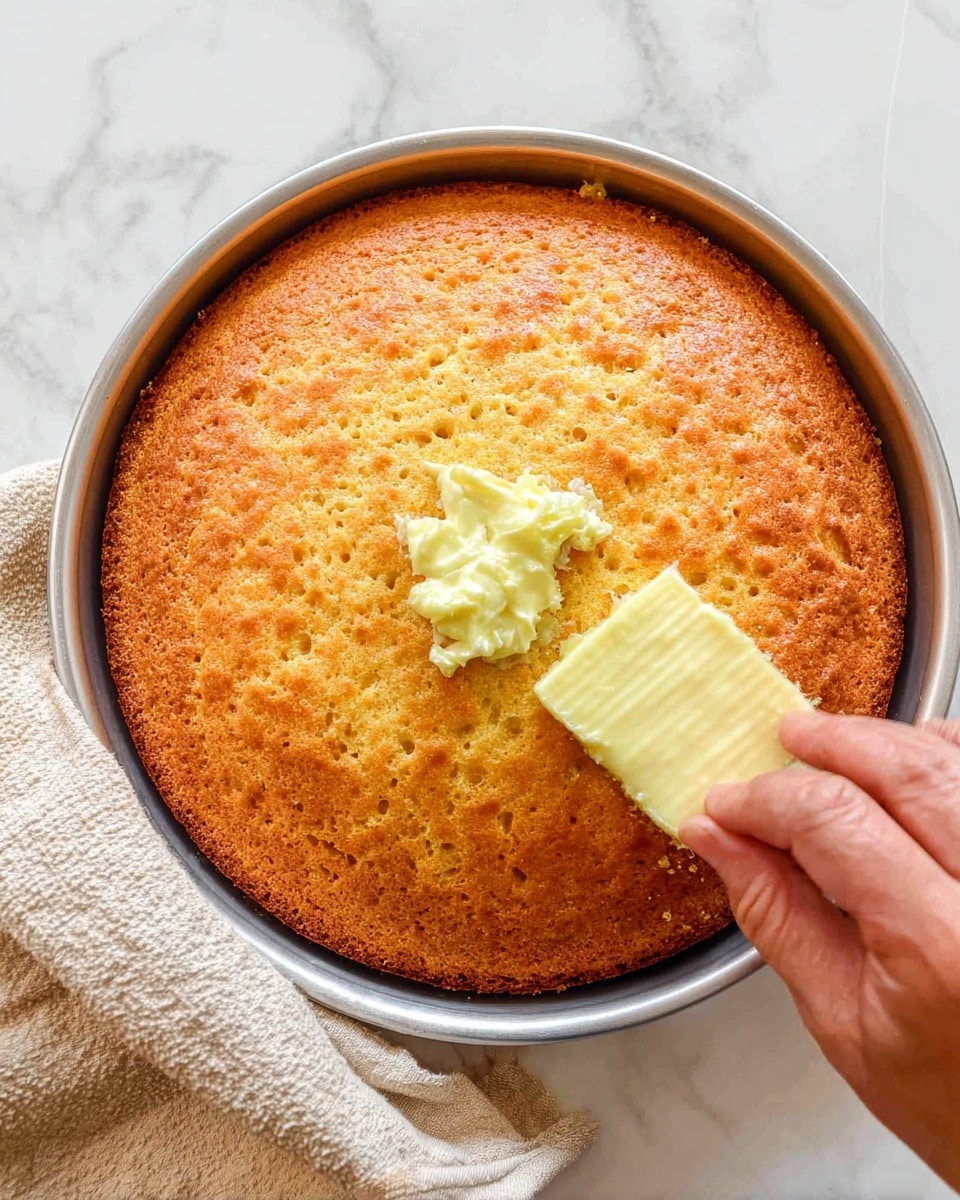 A golden brown, round cornbread sits in a silver pan, its top textured with small bubbles and a slightly rough surface. A woman's hand is seen placing a thick square of pale yellow butter onto the center of the cornbread. The pan and the cornbread rest on a white marbled surface with a light beige cloth partially visible on the left side. photo taken with an iphone --ar 4:5 --v 7