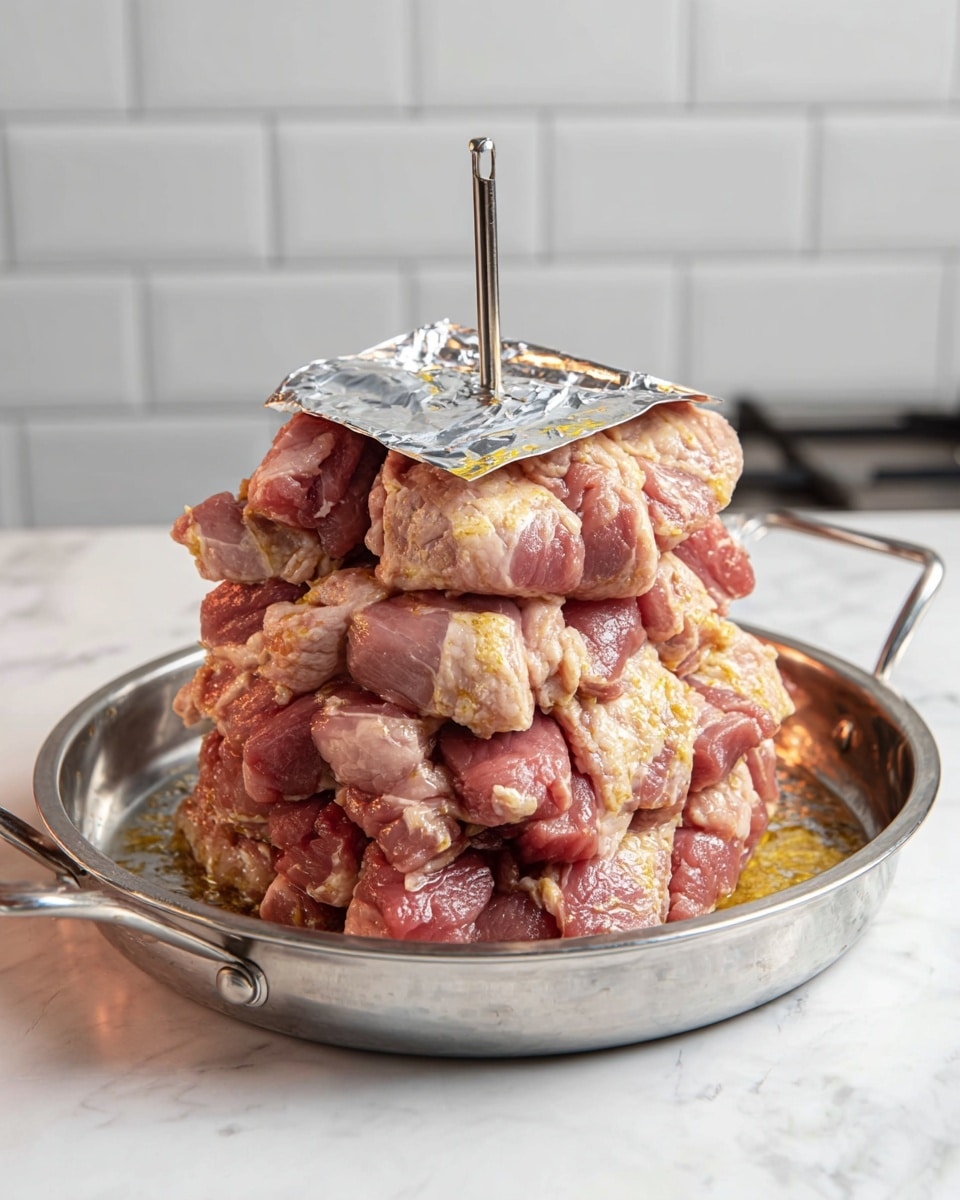 A stack of raw, light pink meat pieces layered thickly on a round stainless steel pan with two handles, arranged around a central metal skewer that holds the meat together. The meat has some yellowish marinade spread unevenly on its surface. A small square of shiny aluminum foil covers the top of the meat stack, creating a slight reflective surface. The pan is placed on a white marbled table, and the background shows white tiled walls with a soft shadow. photo taken with an iphone --ar 4:5 --v 7