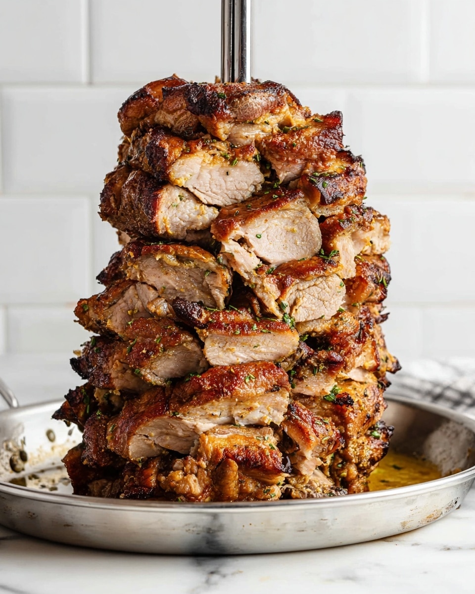 The image shows a tall stack of cooked, sliced meat arranged in layers around a vertical metal skewer placed on a shiny silver pan. The meat layers are thick and have a golden-brown, slightly charred outer texture with visible herbs and seasoning, while the inside looks juicy and tender with a light pinkish hue. The pan rests on a white marbled surface, and the background features a clean white tiled wall. The whole presentation focuses on the meat stack, which has varying sizes of pieces creating an uneven, natural shape. Photo taken with an iphone --ar 4:5 --v 7