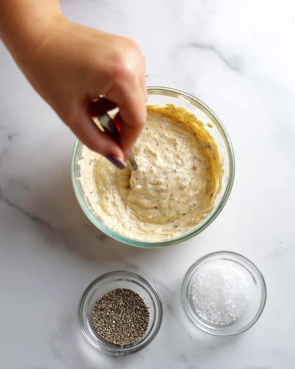 A woman's hand is stirring a creamy mixture in a clear glass bowl centered on a white marbled surface. The mixture is light beige with a smooth, slightly thick texture. Below this main bowl, there are two smaller clear glass bowls, one containing coarse black pepper and the other filled with white salt crystals. The focus is on the woman's hand actively mixing, with soft natural light enhancing the textures of the ingredients. Photo taken with an iphone --ar 4:5 --v 7