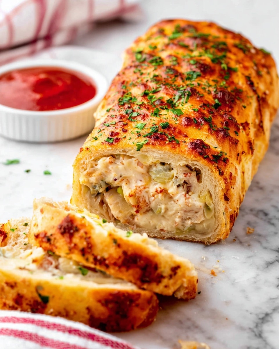 A golden brown roll with a crispy top sprinkled with green herbs sits on a white marbled surface. The roll is sliced to show its soft, creamy filling inside, with bits of light beige and green ingredients mixed in. The outer crust looks slightly toasted and textured, with a rich warm color. In the foreground, a small white bowl with a red sauce is partially visible. A white and red striped cloth is partly seen in the background. Photo taken with an iphone --ar 4:5 --v 7