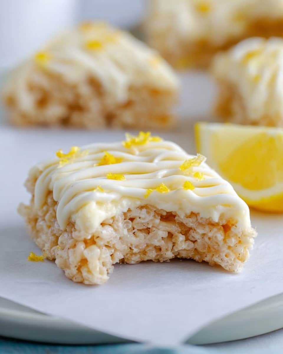 A close-up of a light brown crispy rice treat shaped into a triangle with a bite taken out of the front corner, topped with creamy pale yellow frosting that looks soft and fluffy, drizzled with thick white icing lines across the top. Small bits of yellow zest are scattered on the frosting, adding a pop of color. The rice treat sits on a white surface with a faint texture, and a white plate with more rice treats and a slice of lemon is blurred in the background. photo taken with an iphone --ar 4:5 --v 7