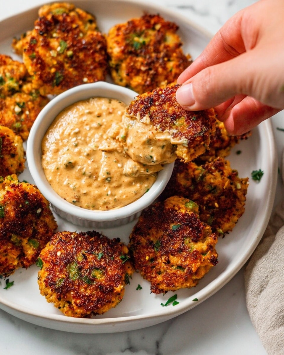 The image shows a white plate on a white marbled surface, filled with crispy, golden-brown patties that have a rough texture and small green herb pieces scattered on top. In the center of the plate, there is a small white ramekin filled with a thick, creamy, beige-colored dip that has visible bits of herbs and spices mixed in. A woman's hand is holding one of the crispy patties, dipping it halfway into the sauce, showing the soft inside texture. The scene is well lit with natural light, highlighting the crunchy surface of the patties and the creamy texture of the sauce. Photo taken with an iphone --ar 4:5 --v 7