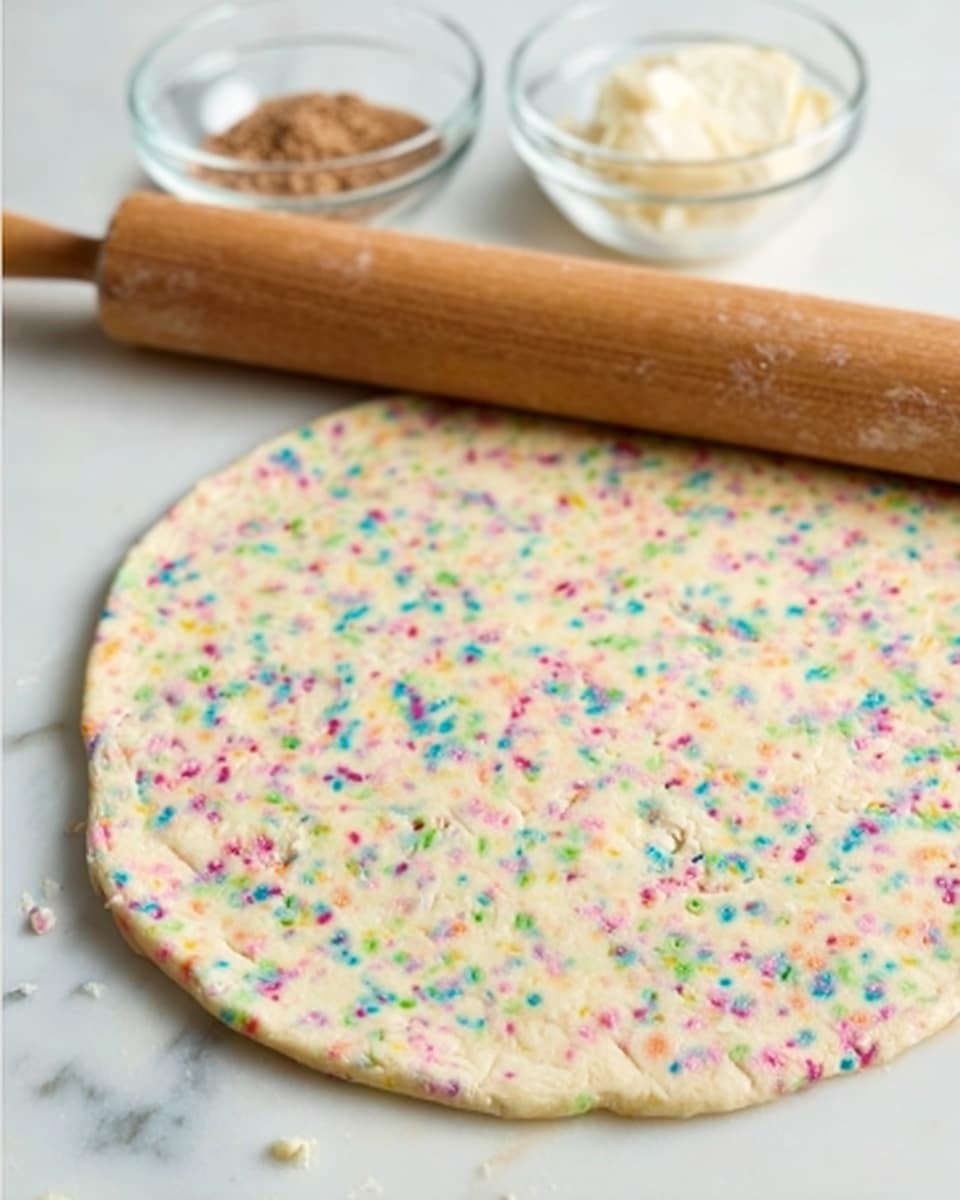 The image shows a round, flat dough rolled out on a white marbled surface with colorful sprinkles mixed inside, creating a soft, speckled pattern with pink, blue, green, and yellow spots throughout. A wooden rolling pin rests on the dough, hinting at the flattening process. In the background, there are two clear glass bowls, one holding white butter and the other brown sugar, slightly out of focus. The dough appears smooth and evenly spread, giving it a creamy, off-white base color with bright specks. photo taken with an iphone --ar 4:5 --v 7