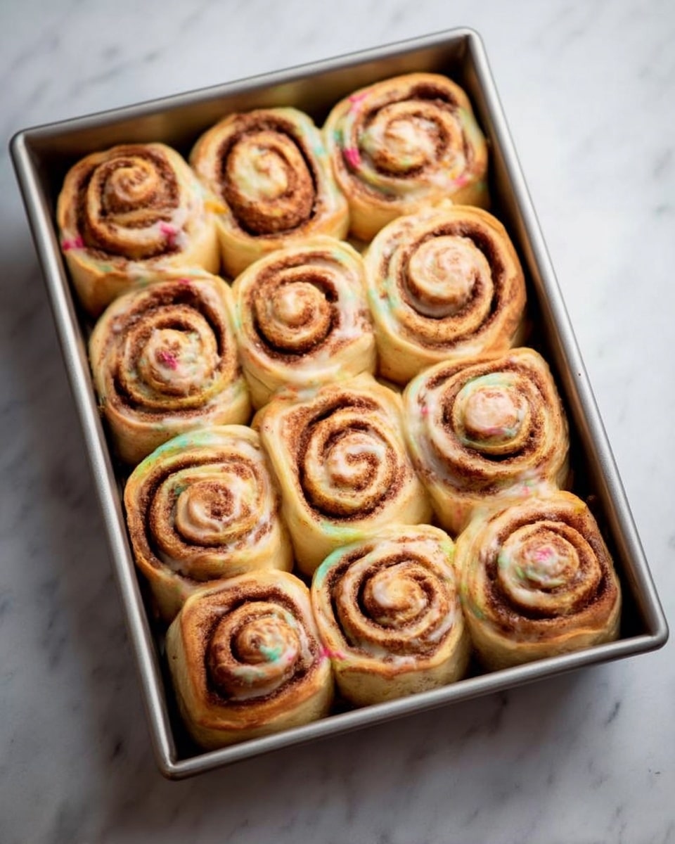 The image shows a metal baking tray filled with eleven cinnamon rolls arranged closely in a 3 by 4 pattern, with one missing in the last row. Each cinnamon roll has multiple spiral layers, with a light dough base that has colorful spots of pink, green, and yellow scattered throughout. The inner spiral layer contains a dark brown cinnamon filling that contrasts with the dough's lighter colors. The tray sits on a white marbled texture surface that adds a clean and bright background to the warm tones of the cinnamon rolls. Photo taken with an iphone --ar 4:5 --v 7