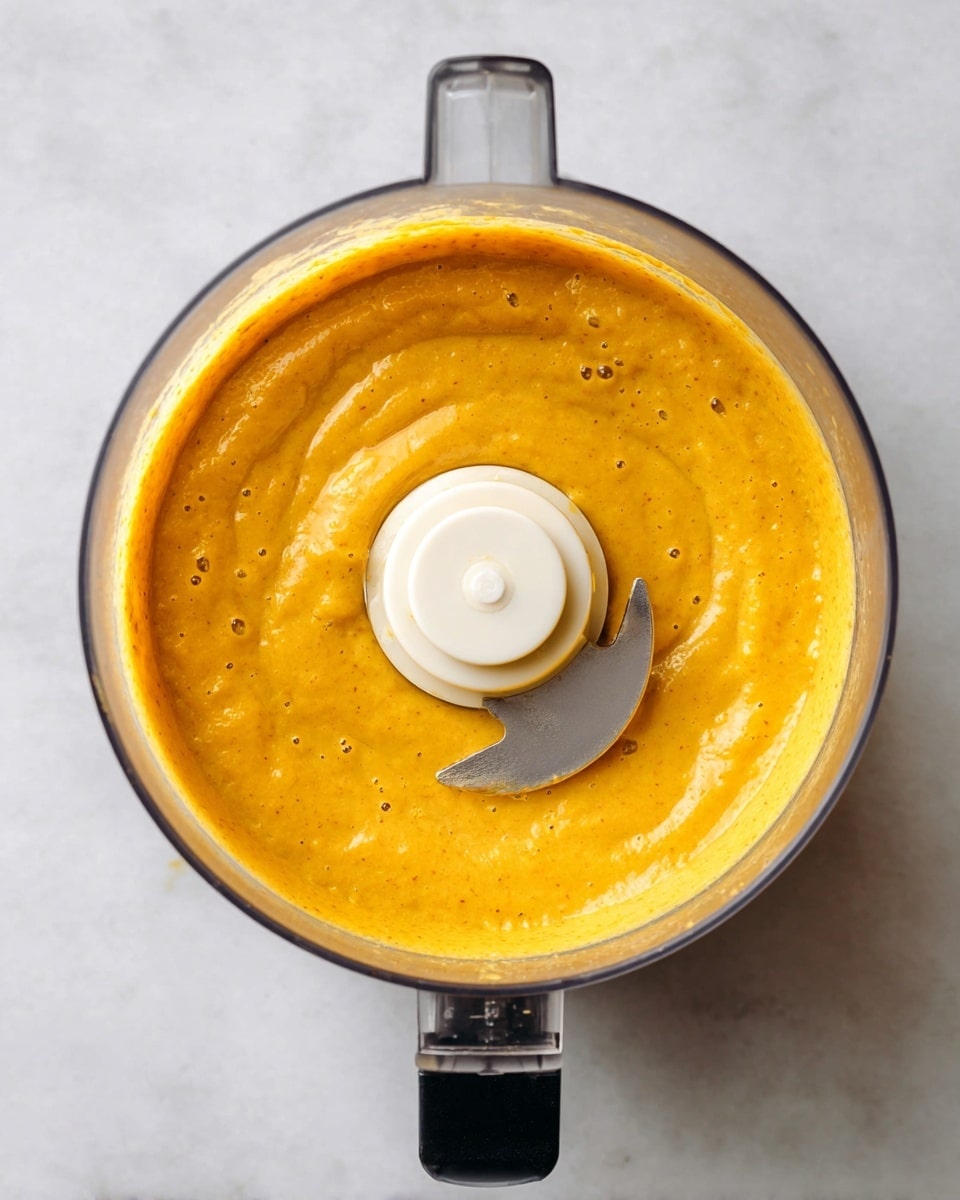 A top view of a food processor containing a smooth, thick sauce with a bright orange-yellow color. The sauce has a creamy texture with small air bubbles on the surface, evenly filling the container around the central white plastic blade piece. The food processor sits on a white marbled surface. photo taken with an iphone --ar 4:5 --v 7