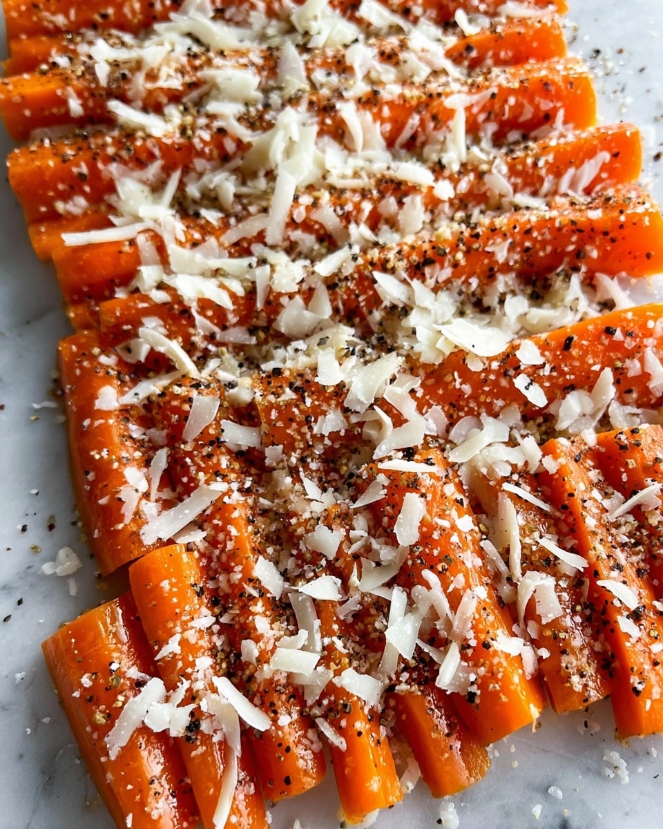The image shows several rows of peeled and sliced orange carrots laid out in a neat grid on a white marbled surface. The carrots have a smooth texture and are covered generously with small white shavings of cheese scattered evenly over them. There is a sprinkling of black pepper and some coarse salt spread across the carrots and cheese, adding contrast with small dark and white specks. The overall look highlights the bright orange color of the carrots with the white cheese and tiny black pepper bits on top. photo taken with an iphone --ar 4:5 --v 7