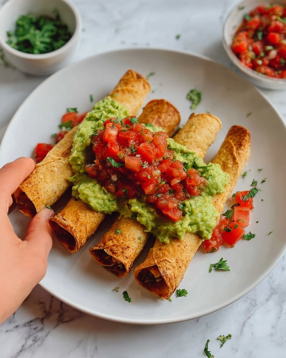 The image shows a white plate with four rolled taquitos placed side by side. Each taquito has a crispy golden-brown shell. The top half of the taquitos is covered with a thick layer of bright green guacamole, and on top of that, there is a chunky red tomato salsa scattered unevenly. Some small pieces of herbs and diced tomatoes are sprinkled around the plate. A woman's hand is holding the taquito on the left side, slightly lifting it. The background surface is a white marbled texture, and a small white bowl with more tomato salsa and herbs sits partially visible in the bottom left corner. Photo taken with an iphone --ar 4:5 --v 7