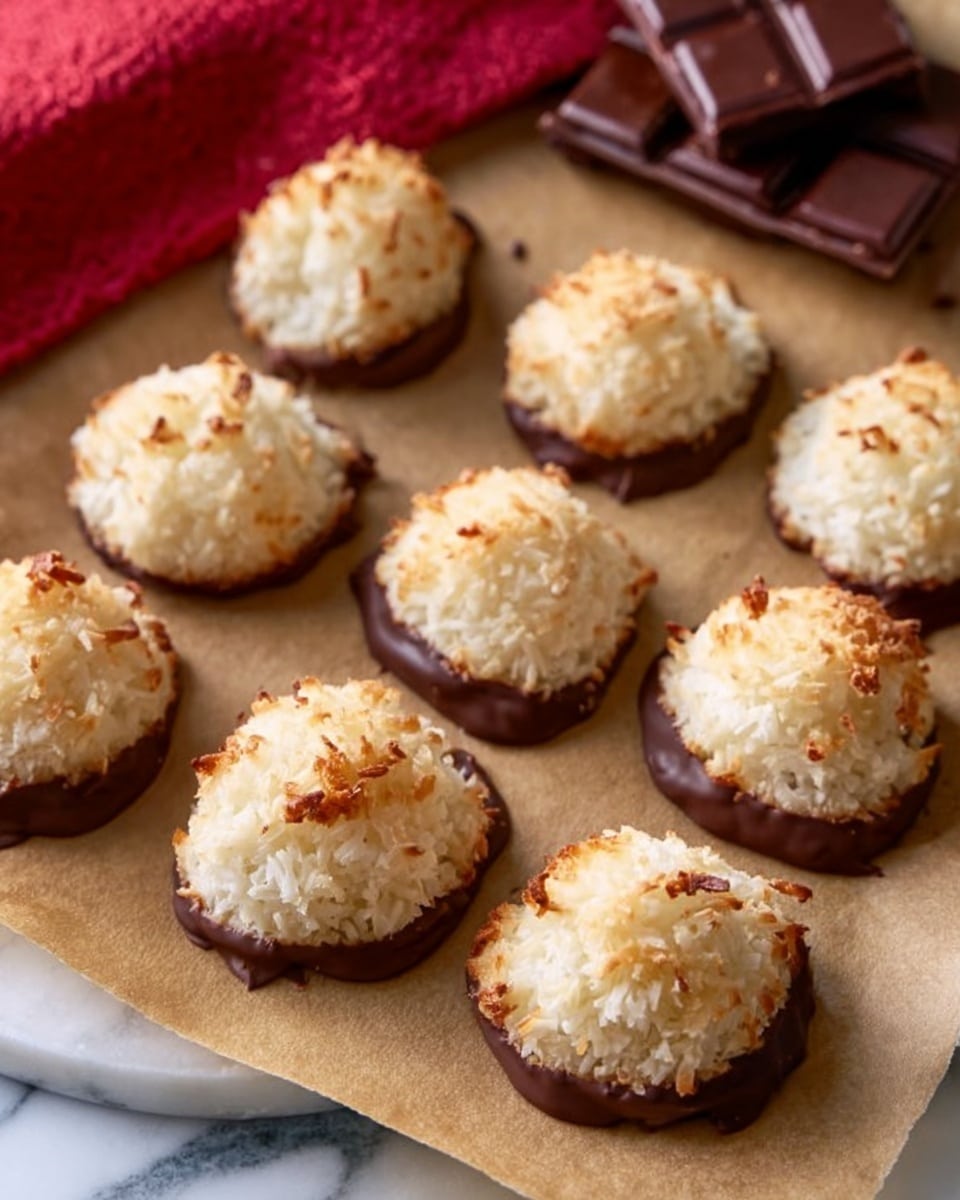 The image shows a group of round coconut cookies arranged on light brown parchment paper. Each cookie has two clear layers: a white coconut top with a rough, grainy texture that looks toasted with light brown spots, and a dark, smooth chocolate bottom that slightly melts and spreads under the coconut layer. Behind the cookies, there is a bar of dark chocolate partially visible, and on the left side, a red cloth appears on a white marbled surface. Each cookie is roughly the same size and shape, giving a neat and tidy look. photo taken with an iphone --ar 4:5 --v 7