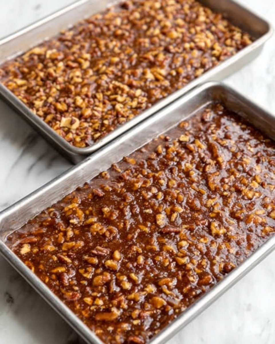 The image shows two metal trays filled with a rich, dark brown sauce mixed with chopped nuts spread evenly across the surface. The texture of the sauce is thick and glossy, with the nuts creating a rough, chunky layer on top. The trays are placed on a white marbled surface, and the sauce covers the entire area inside each tray, showing no visible gaps. The lighting highlights the shiny, sticky nature of the sauce and the uneven texture from the nuts embedded throughout. Photo taken with an iphone --ar 4:5 --v 7