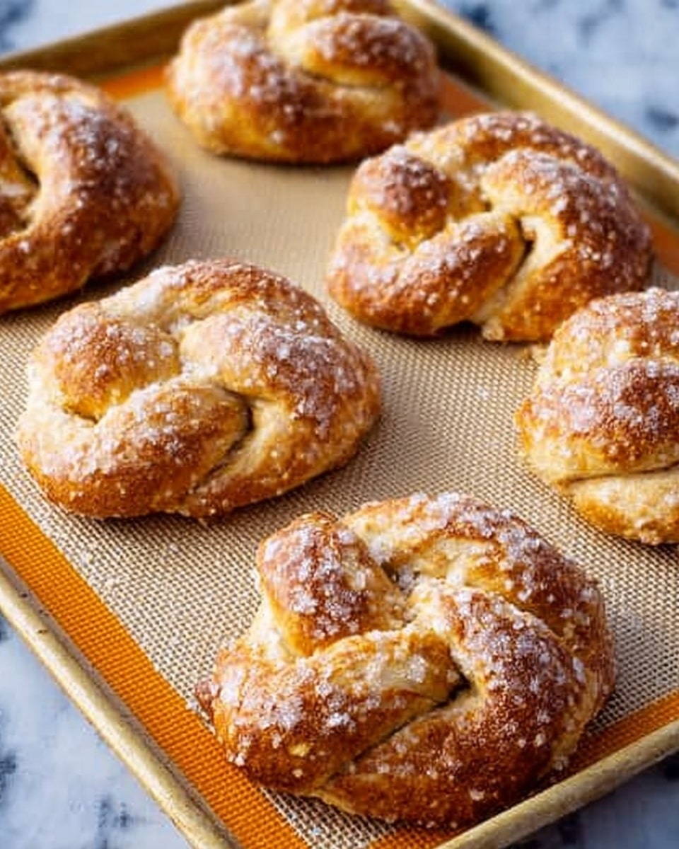 The image shows six golden-brown pretzels on a baking sheet lined with a beige non-stick mat. Each pretzel has a smooth, slightly shiny surface with a light dusting of white sugar crystals, giving them a textured look. The pretzels have thick, twisted shapes with visible folds and soft edges. The baking sheet rests on a white marbled surface. photo taken with an iphone --ar 4:5 --v 7