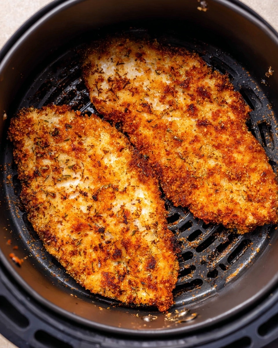 Inside a black air fryer basket, two pieces of crispy breaded chicken lay flat side by side. The chicken pieces are golden brown with a crunchy texture, showing uneven spots of darker brown and small sprinkled crumbs. The basket has a round shape with ventilation holes beneath the chicken. The outer edge of the basket is smooth and black, contrasting with the warm tones of the chicken. The photo is taken from directly above, showcasing the textures and colors of the cooked chicken clearly. Photo taken with an iphone --ar 4:5 --v 7