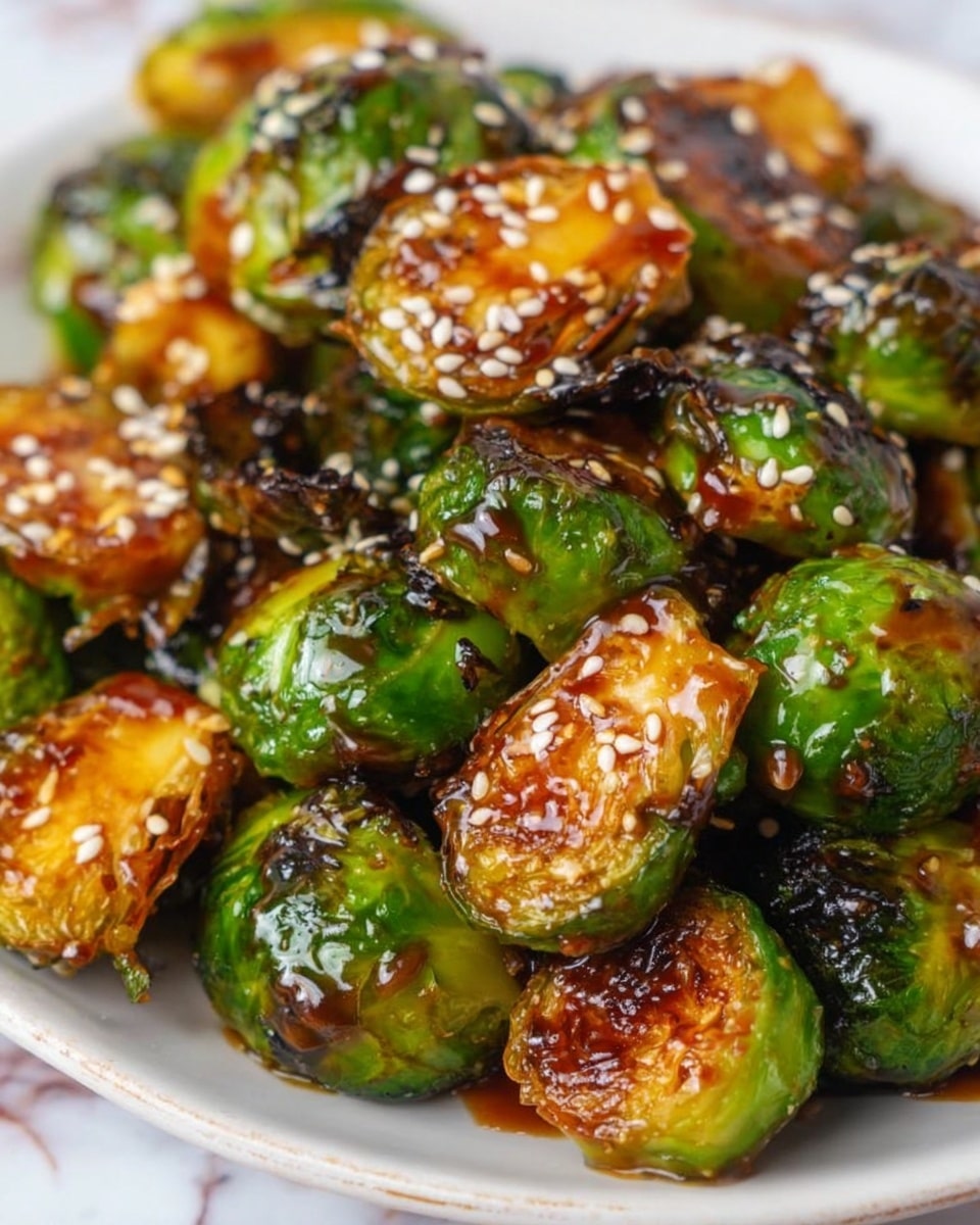 A close-up view of a white plate filled with roasted Brussels sprouts that have a golden-brown char on their green leaves. The Brussels sprouts are coated with a shiny dark glaze that looks sticky and rich, with small white sesame seeds sprinkled evenly over the top. The roasted edges are slightly crispy, and the vibrant green contrasts with the dark caramelized parts. The background shows a white marbled texture. photo taken with an iphone --ar 4:5 --v 7