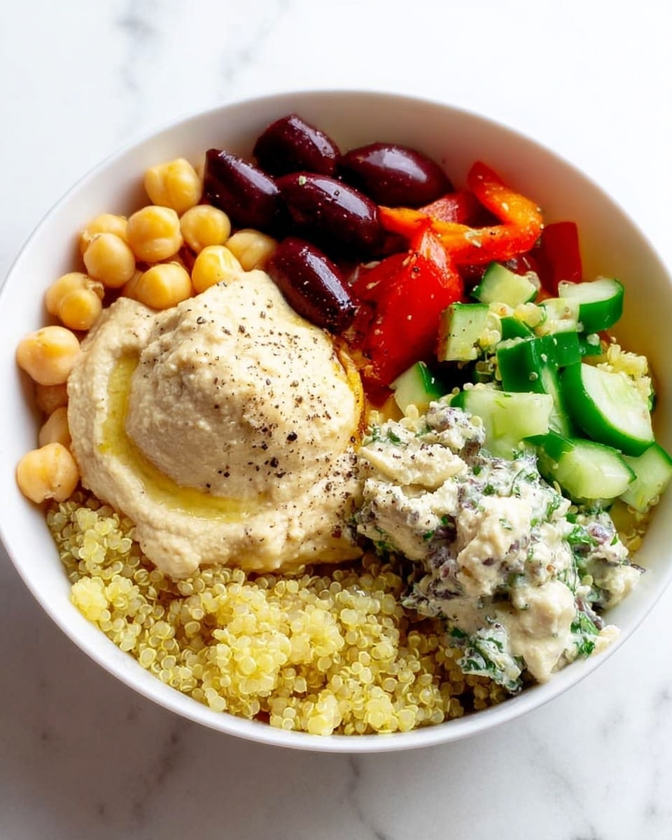 A white bowl holds a colorful layered salad with six main parts. The top layer is light tan, creamy hummus with a drizzle of oil and a sprinkle of black pepper. To the top right, there are round, pale yellow chickpeas. Below them, there are shiny, dark purple olives. At the bottom right, a mix of chopped cucumbers, red tomatoes, and green herbs sits fresh and vibrant. Above those, there is a white, creamy dollop of tzatziki with visible green bits. The top left is filled with fluffy, light beige quinoa grains. The bowl is set on a white marbled texture photo taken with an iphone --ar 4:5 --v 7