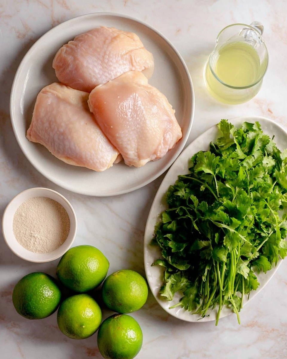 The image shows raw chicken pieces, two large light pink pieces placed on a white round plate at the top left. To the top right, there is a small clear glass jug filled with pale yellow liquid. At the bottom left, there are four bright green limes scattered around a small white bowl with white and beige powders. On the right, a white oval plate is filled with a bunch of fresh green leafy herbs. All items are on a white marbled surface. Photo taken with an iphone --ar 4:5 --v 7