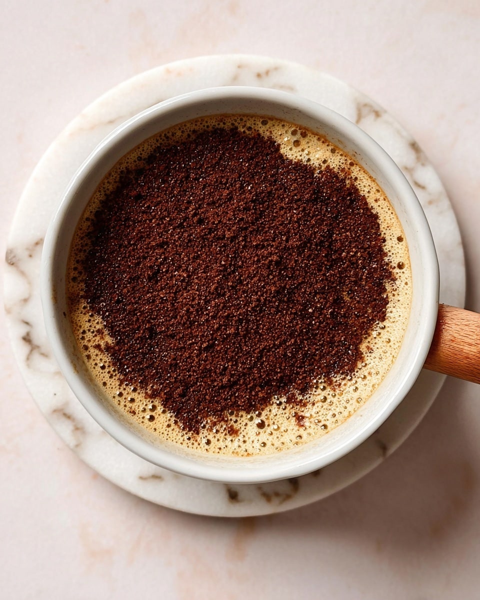 The image shows a top-down view of a white cup with a wooden handle resting on a white marbled round coaster. Inside the cup, there are two visible layers: the bottom layer is light beige with a frothy texture and bubbles around the edges, while the top layer is a thick, even spread of deep brown coffee grounds covering the entire surface. The scene is set on a white marbled surface, giving a clean and bright background. Photo taken with an iphone --ar 4:5 --v 7