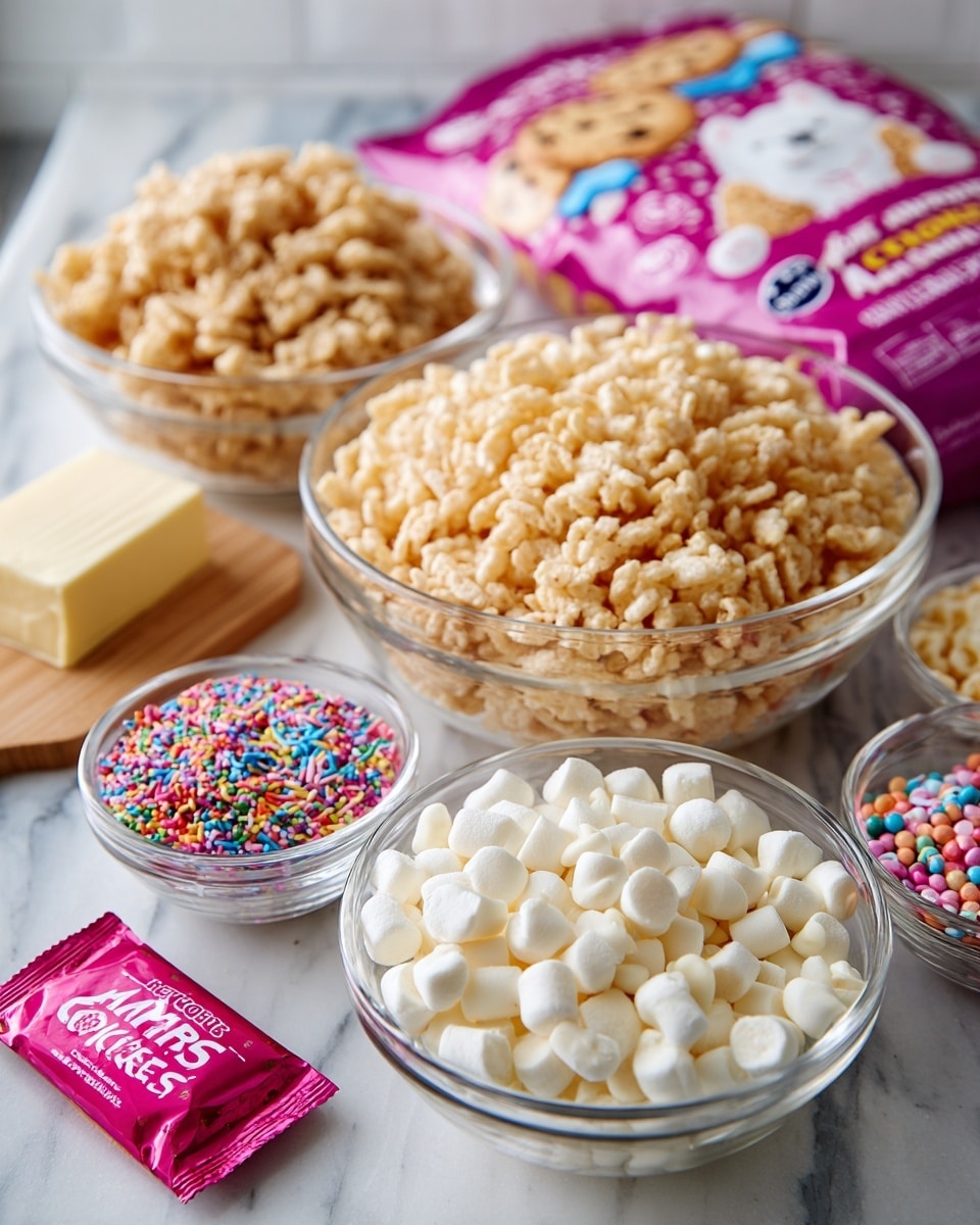 The image shows several clear glass bowls on a white marbled surface. The largest bowl at the back is filled with light tan crispy rice cereal, and in front of it, another large bowl is filled with small white marshmallows. A small clear bowl next to the cereal holds white chocolate chips, and two other small bowls contain colorful round and elongated sprinkles. A small packet of pink candy melts sits near the bowls, along with a stick of butter on the left. Behind the bowls, there is a pink and purple bag of Mother's Circus Animal Cookies featuring a picture of a white animal-shaped cookie. The setting is bright with a clean background of white tiles photo taken with an iphone --ar 4:5 --v 7