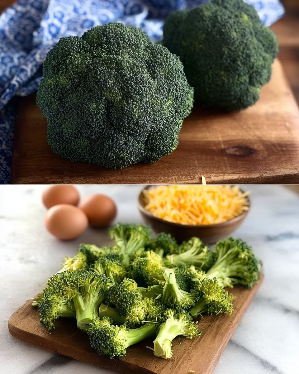 The image shows two parts: on the left, three full broccoli heads with dark green, bumpy tops and thick lighter green stems placed on a wooden cutting board, with a blurry patterned blue and white cloth in the background; on the right, many small broccoli florets with a similar dark green top and lighter green stem are spread evenly on the same wooden board, with a small bowl of shredded yellow cheese and three brown eggs in the blurred background. The surface underneath the board has been replaced with a white marbled texture. photo taken with an iphone --ar 4:5 --v 7