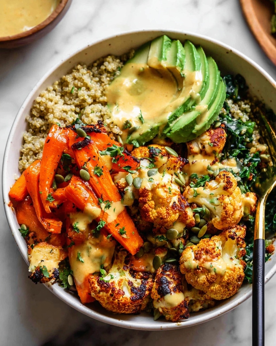 The image shows a white bowl filled with four main layers: the base layer is light beige quinoa mixed with small green kale pieces; on top of it, several large, bright orange carrot chunks are placed; resting on the carrots are golden brown roasted cauliflower pieces with dark char marks; and the last layer has sliced green avocado fanned out on one side. The dish is also topped with a drizzle of creamy light yellow sauce, sprinkled with small green pumpkin seeds and chopped parsley. A black and gold spoon is inside the bowl, set on a white marbled surface. Photo taken with an iphone --ar 4:5 --v 7