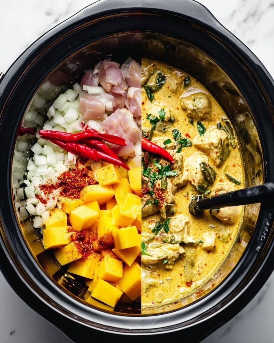 The image shows a two-part view inside a black slow cooker on a white marbled surface. On the left side, raw ingredients are layered: white chopped onions in the top left, raw pale pink pieces of meat in the top right, two red chili peppers over the meat, bright yellow cubed squash filling the bottom right, and white chopped garlic with a sprinkling of red spice powder on the bottom left. On the right side, the cooked dish is creamy yellow with visible pieces of meat, green herbs, and a whole red chili pepper on top, with a black spoon resting inside the cooker. photo taken with an iphone --ar 4:5 --v 7
