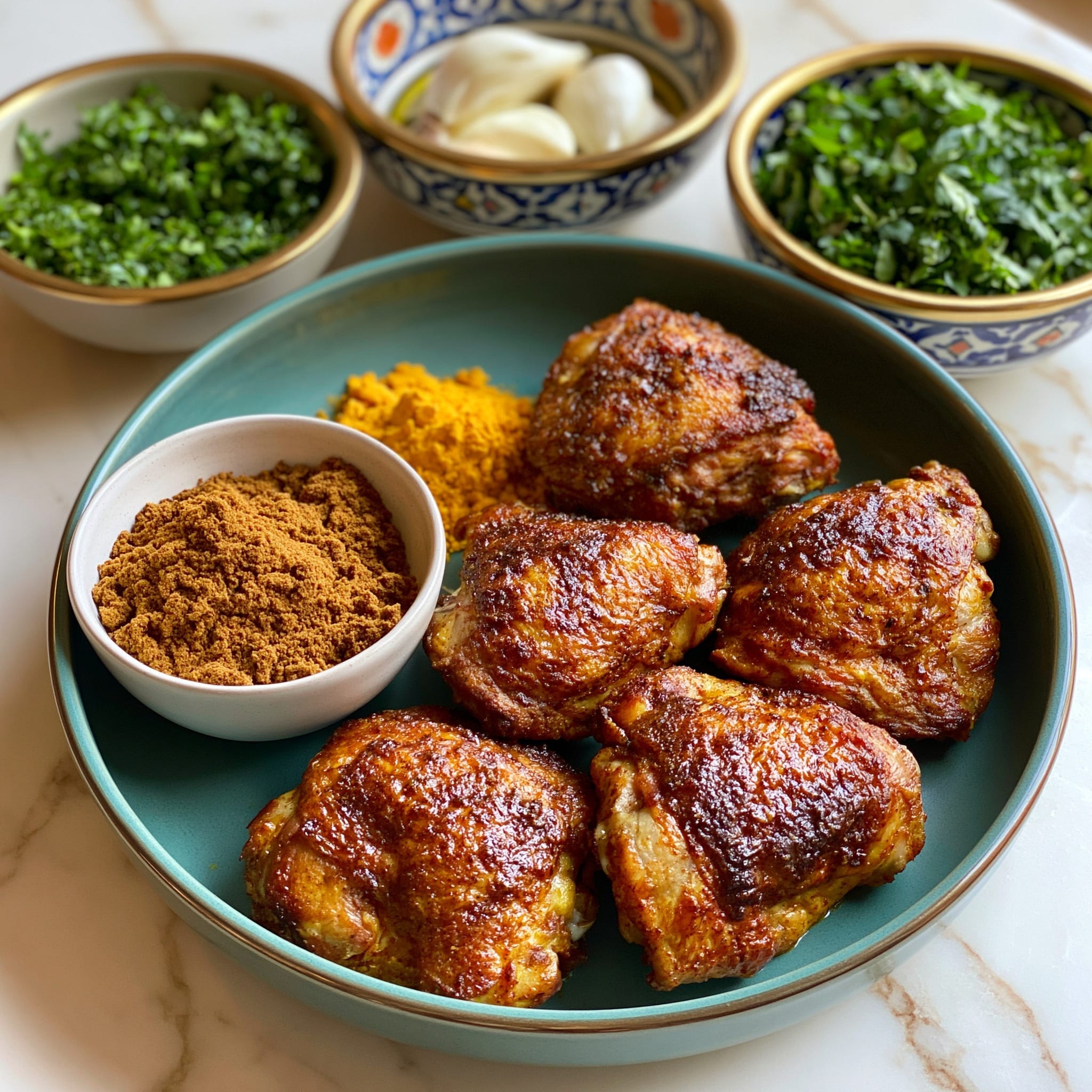 A black bowl holds a dish with three main layers. The bottom layer is white rice with a soft, fluffy texture filling the base of the bowl. The middle layer is a bright green sauce spread partly over the rice, looking smooth but textured with small bits. On top, five pieces of crispy cooked chicken with dark brown, slightly charred skin are placed closely, each piece sprinkled with small green herb leaves. The bowl sits on a white marbled surface. photo taken with an iphone --ar 4:5 --v 7