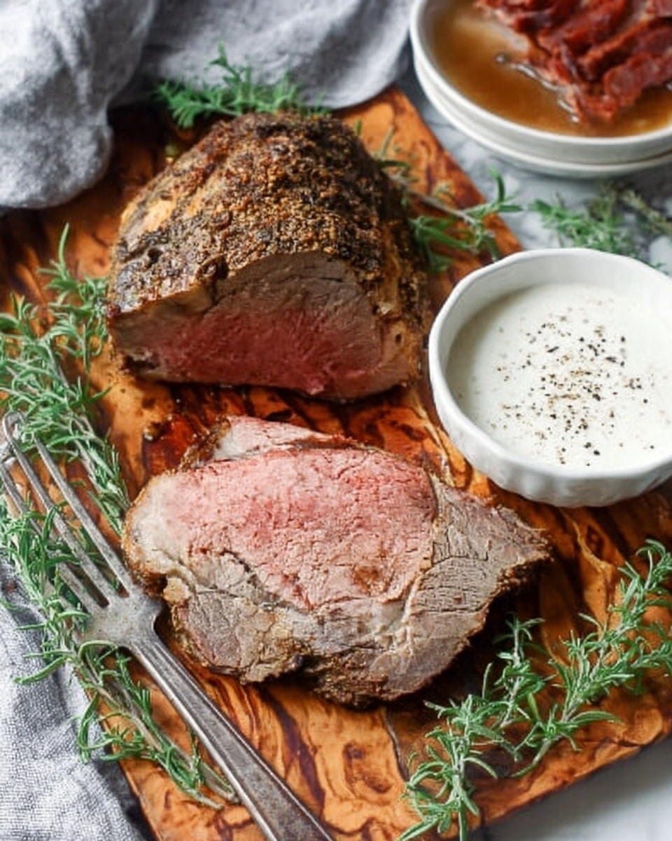 A wooden board with natural patterns holds a piece of cooked roast meat, darker and crusted on the right side and sliced to show a pink center on the left side, with a vintage metal serving spatula under the slice. Fresh green rosemary sprigs are spread around the meat and nearby is a small white bowl filled with creamy white sauce topped with ground black pepper. On the top right, part of a white bowl filled with reddish-brown meat slices in sauce is visible, all set on a white marbled background with a folded gray cloth partially visible. The scene is warm and rustic, photo taken with an iphone --ar 4:5 --v 7